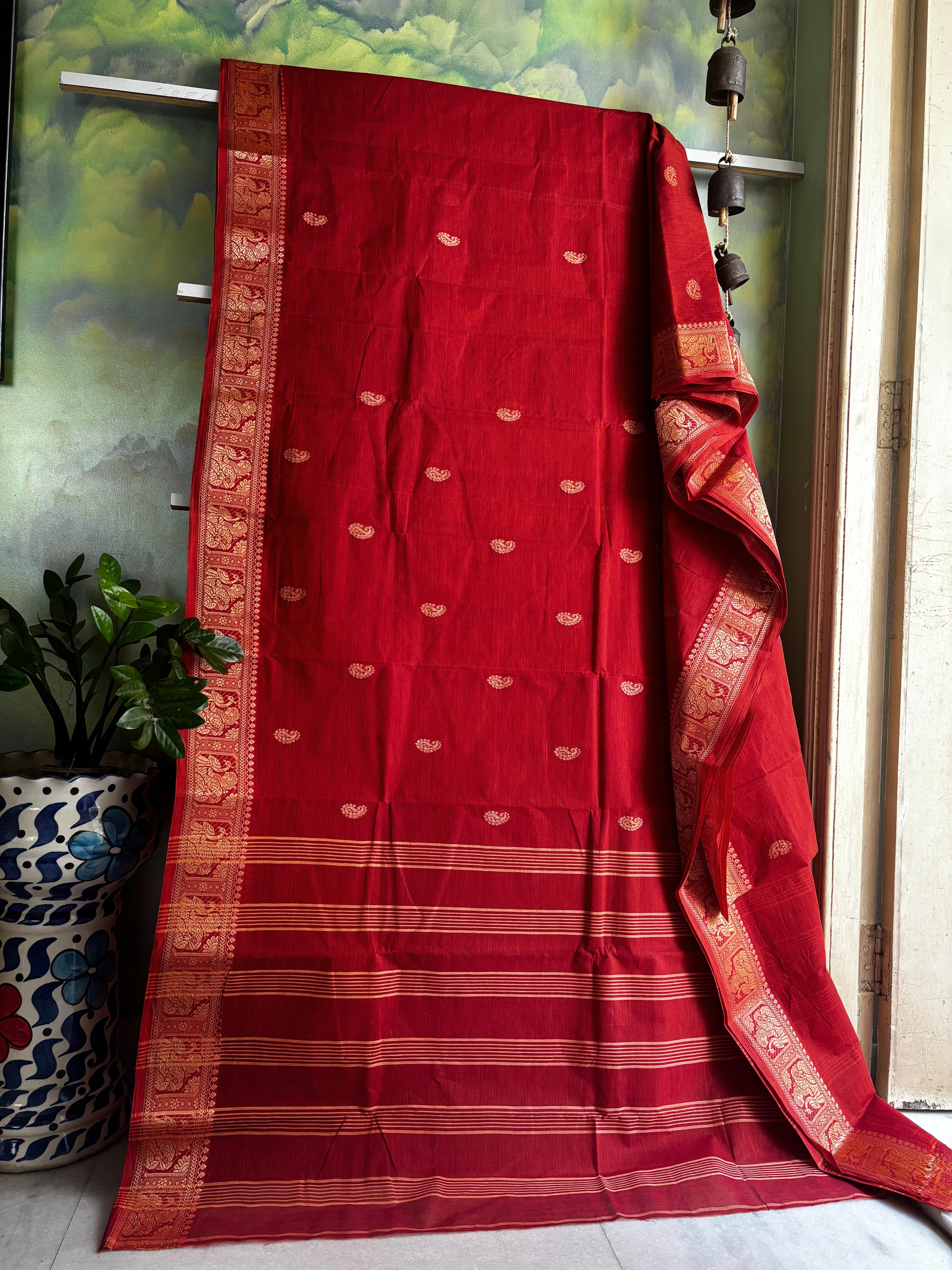 Handwoven Rust Colour Phulia Tangail Saree