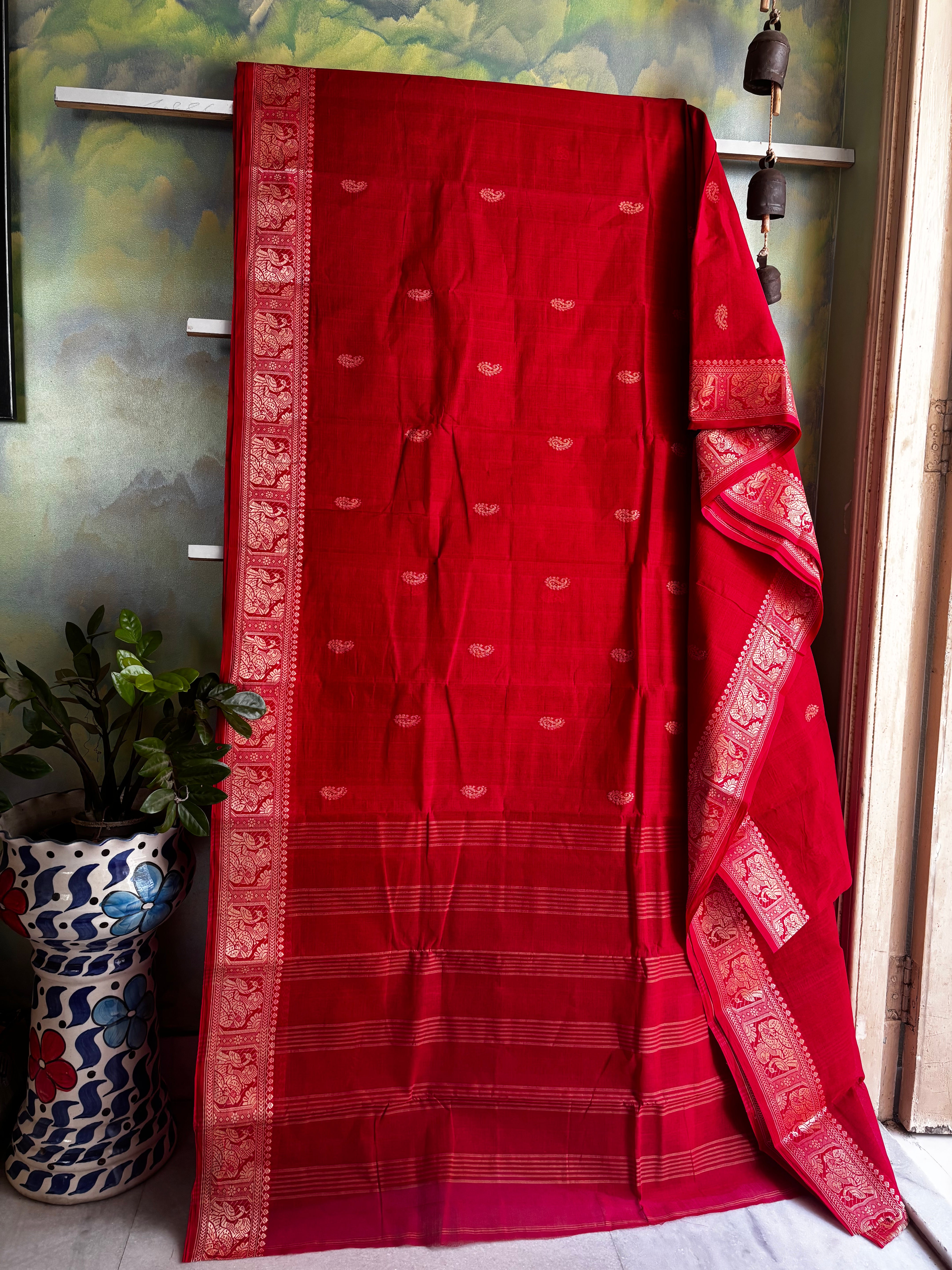 Handwoven Red Colour Phulia Tangail Saree