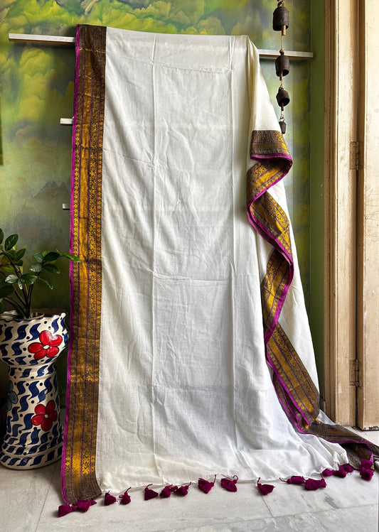 Offwhite Colour Purple Border Mul Cotton Saree
