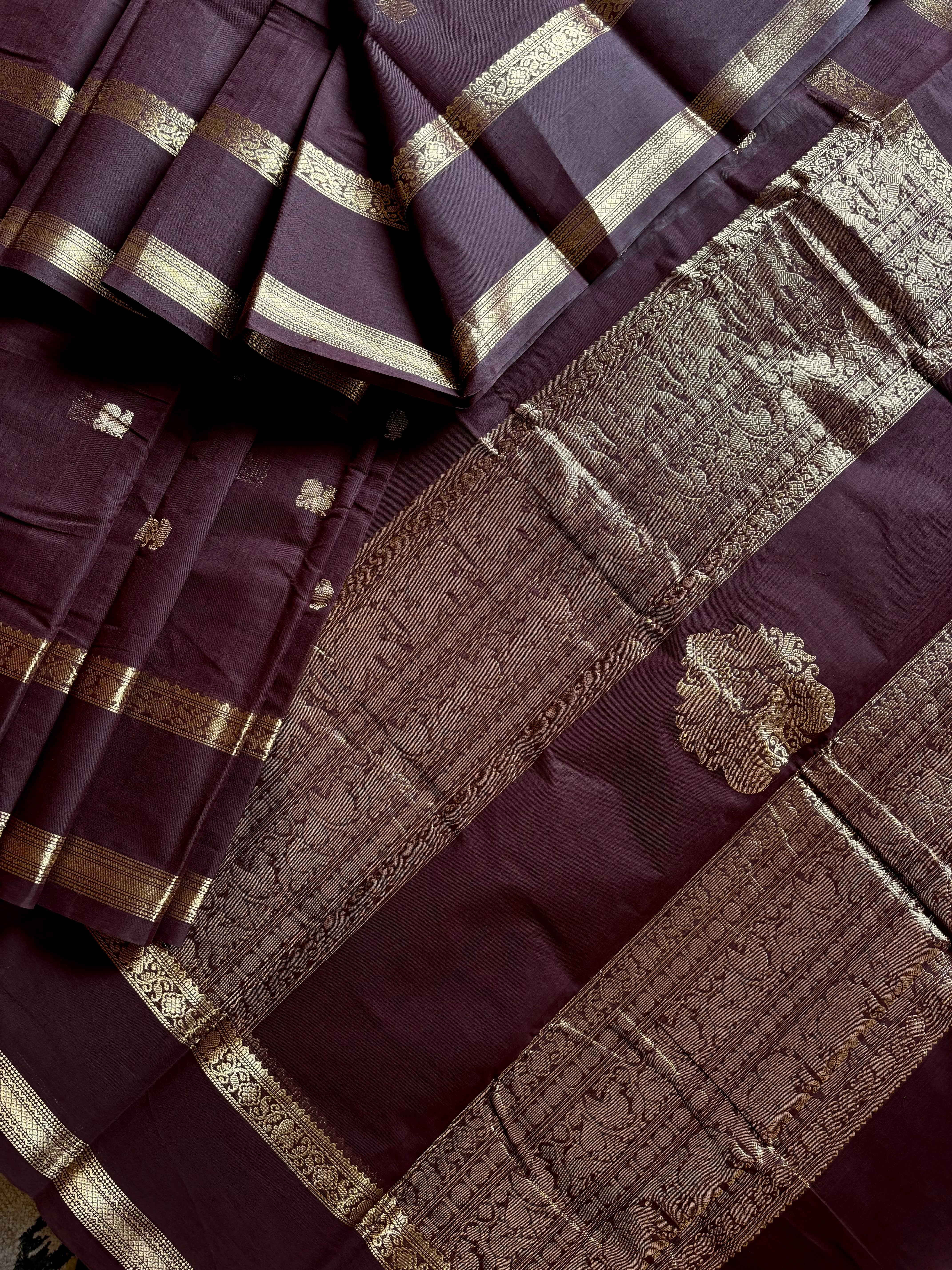 Handwoven Plum Brown Colour Cotton Kanchipuram Saree