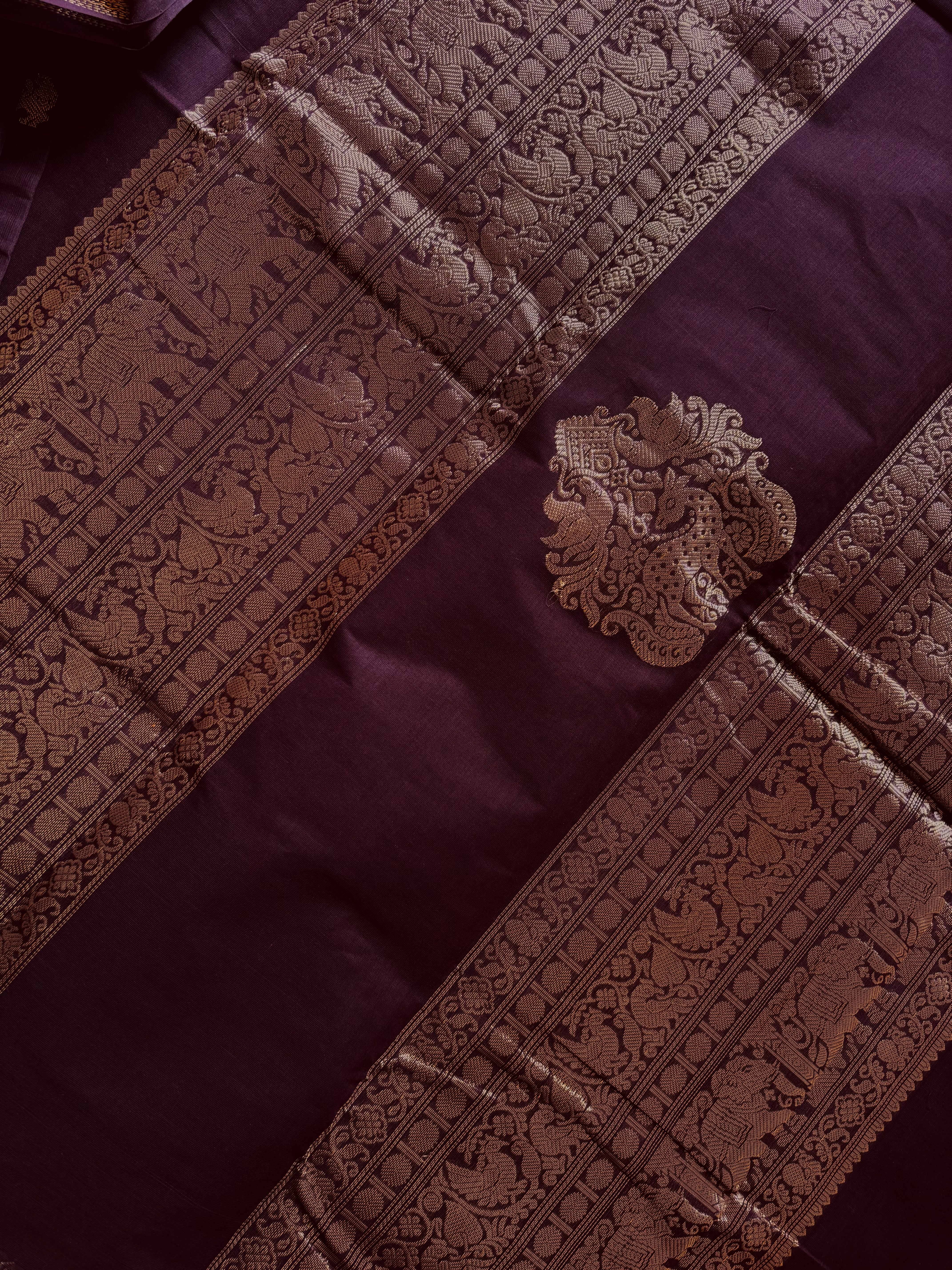 Handwoven Plum Brown Colour Cotton Kanchipuram Saree