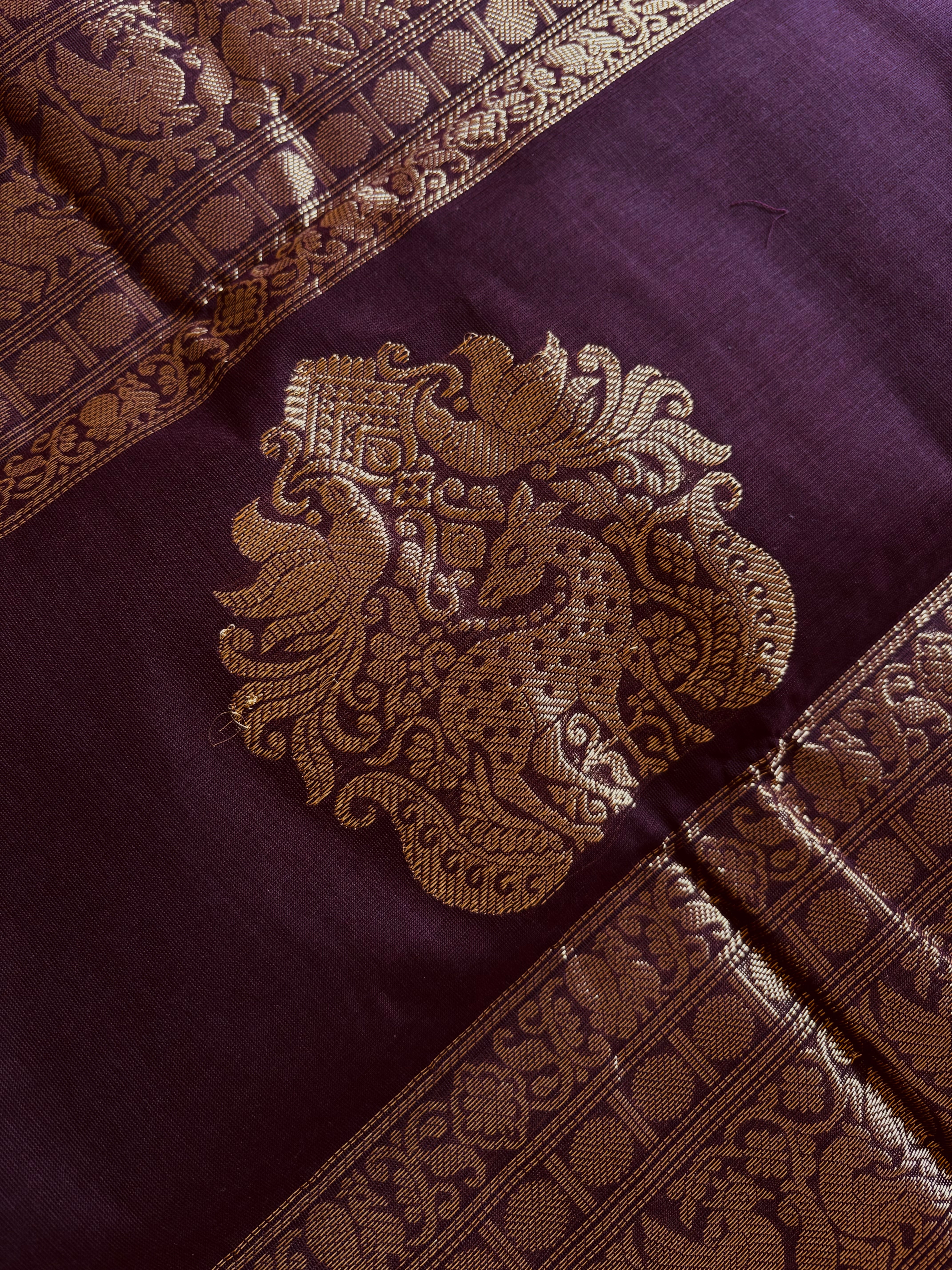 Handwoven Plum Brown Colour Cotton Kanchipuram Saree