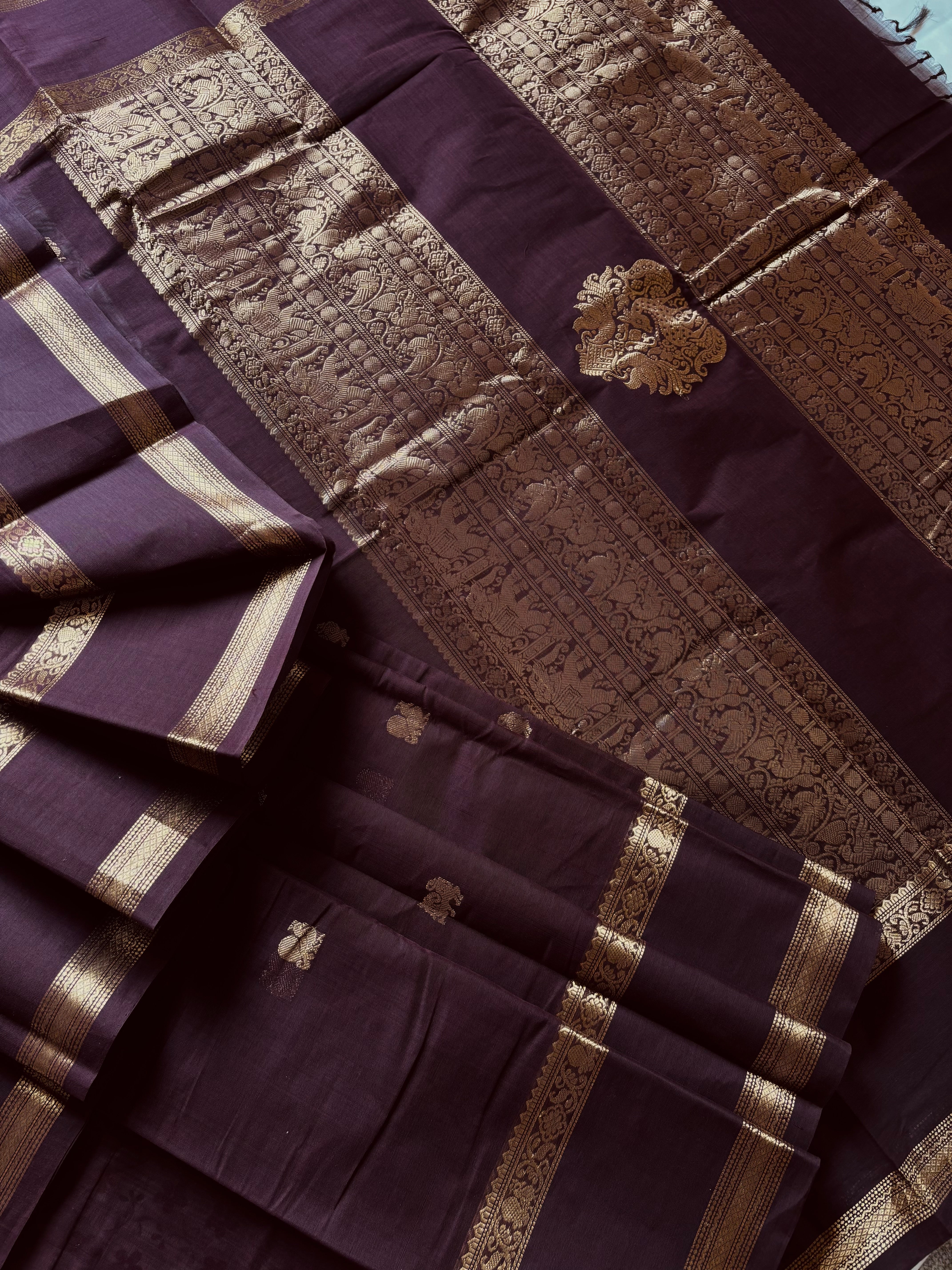 Handwoven Plum Brown Colour Cotton Kanchipuram Saree