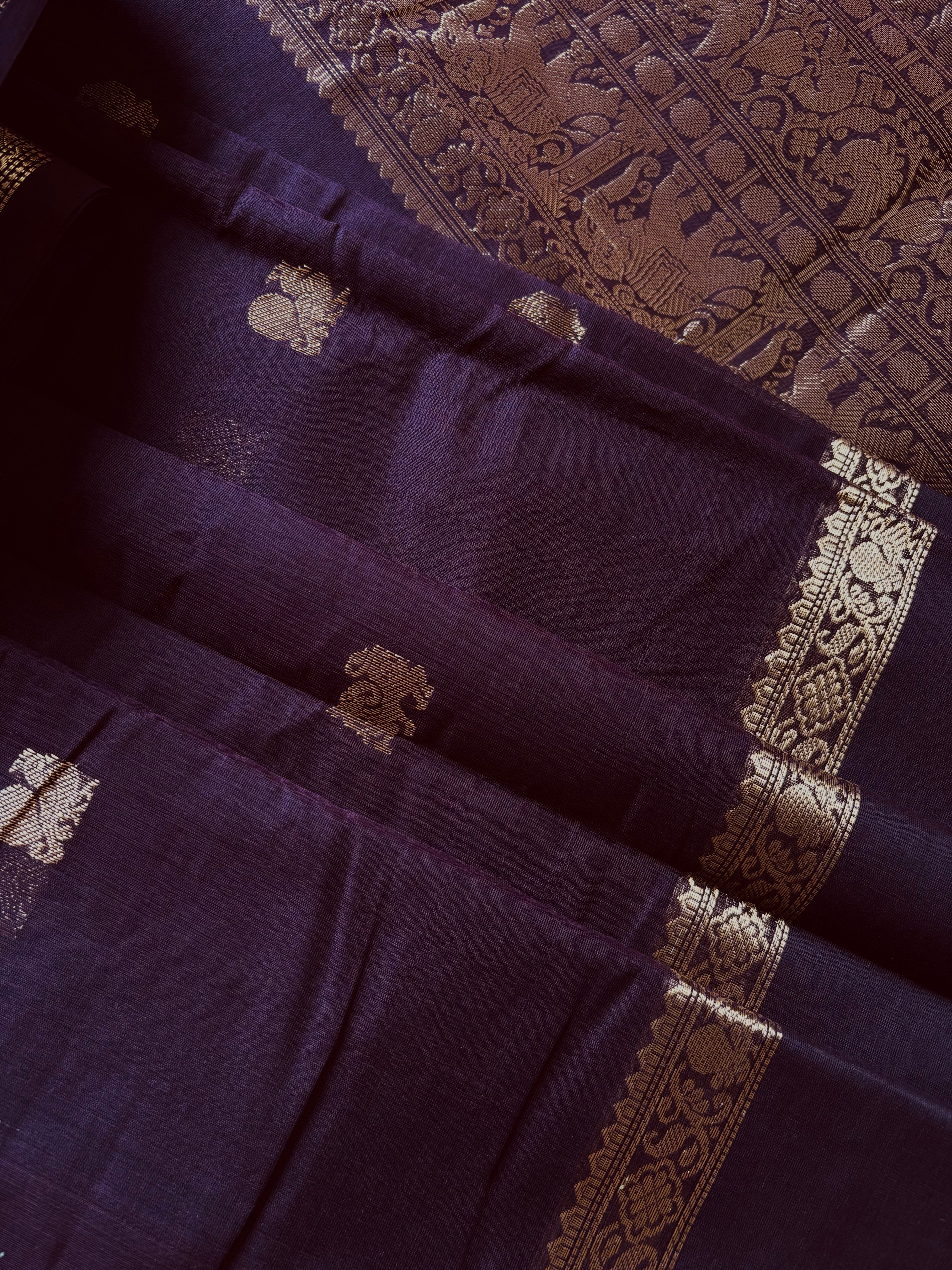 Handwoven Plum Brown Colour Cotton Kanchipuram Saree