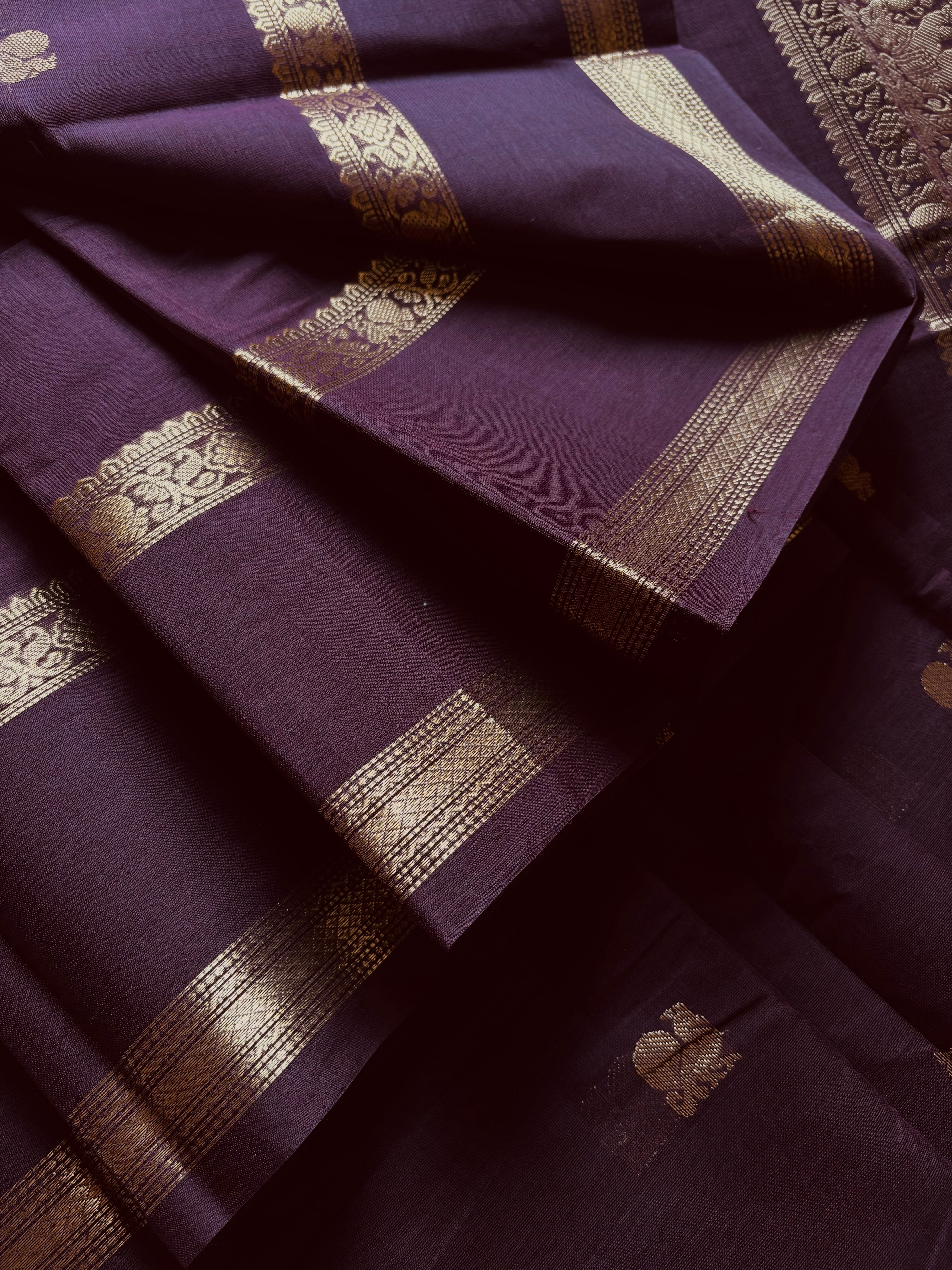Handwoven Plum Brown Colour Cotton Kanchipuram Saree