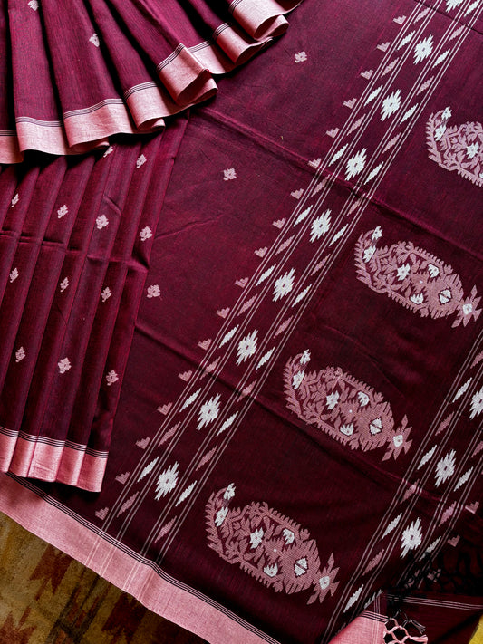 Handwoven Wine Colour Pure Cotton Jamdani Saree
