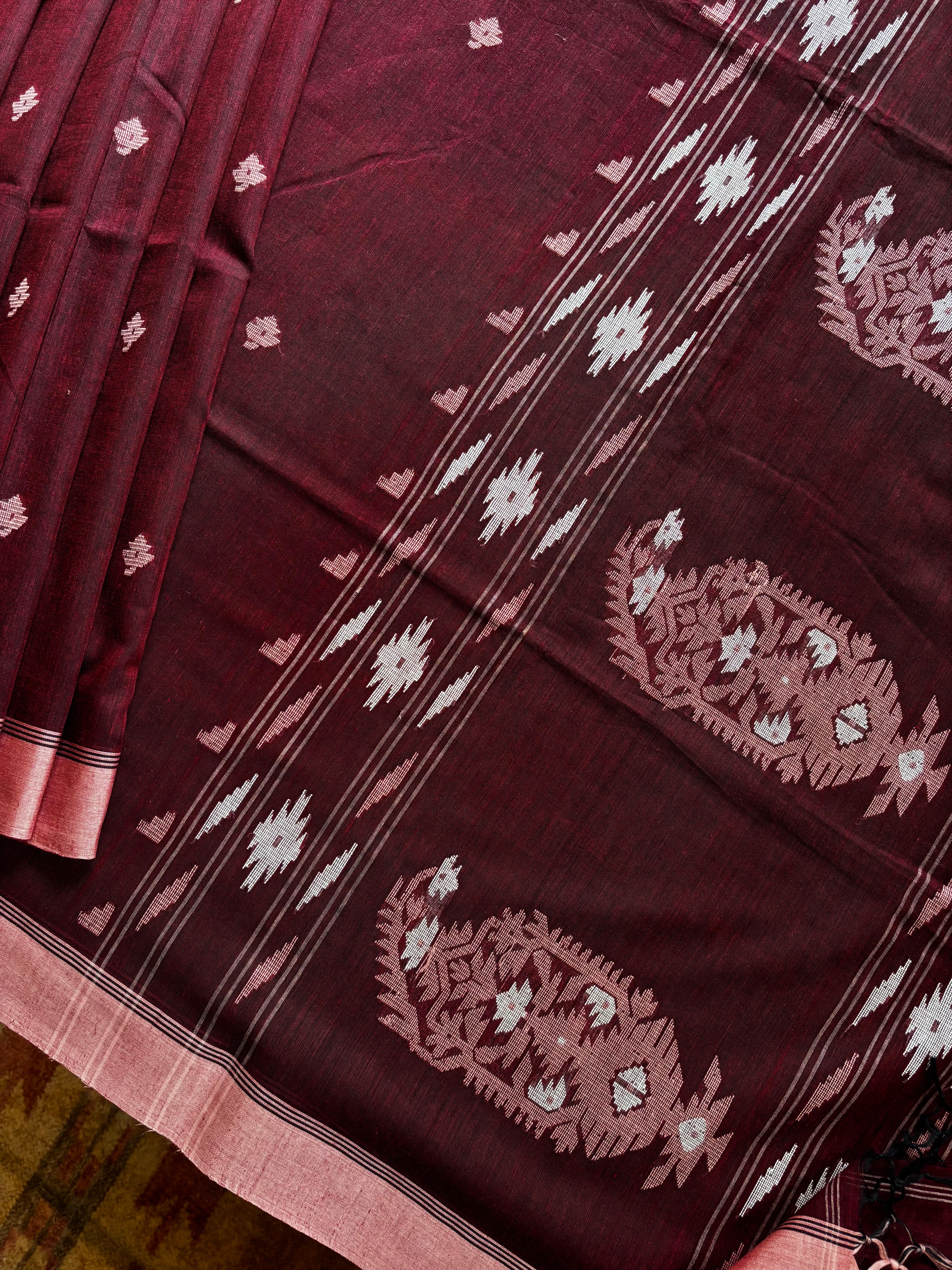 Handwoven Wine Colour Pure Cotton Jamdani Saree