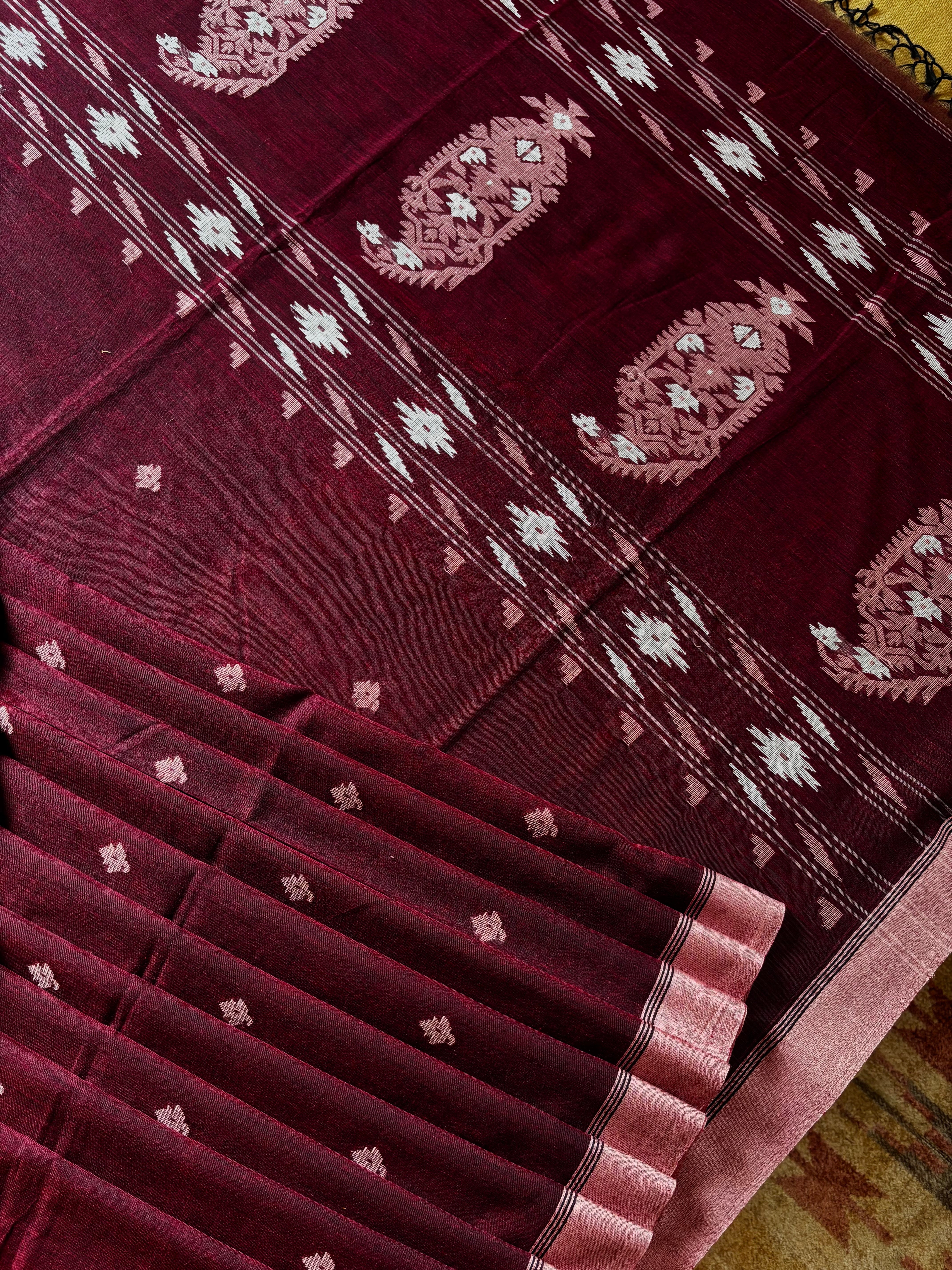 Handwoven Wine Colour Pure Cotton Jamdani Saree