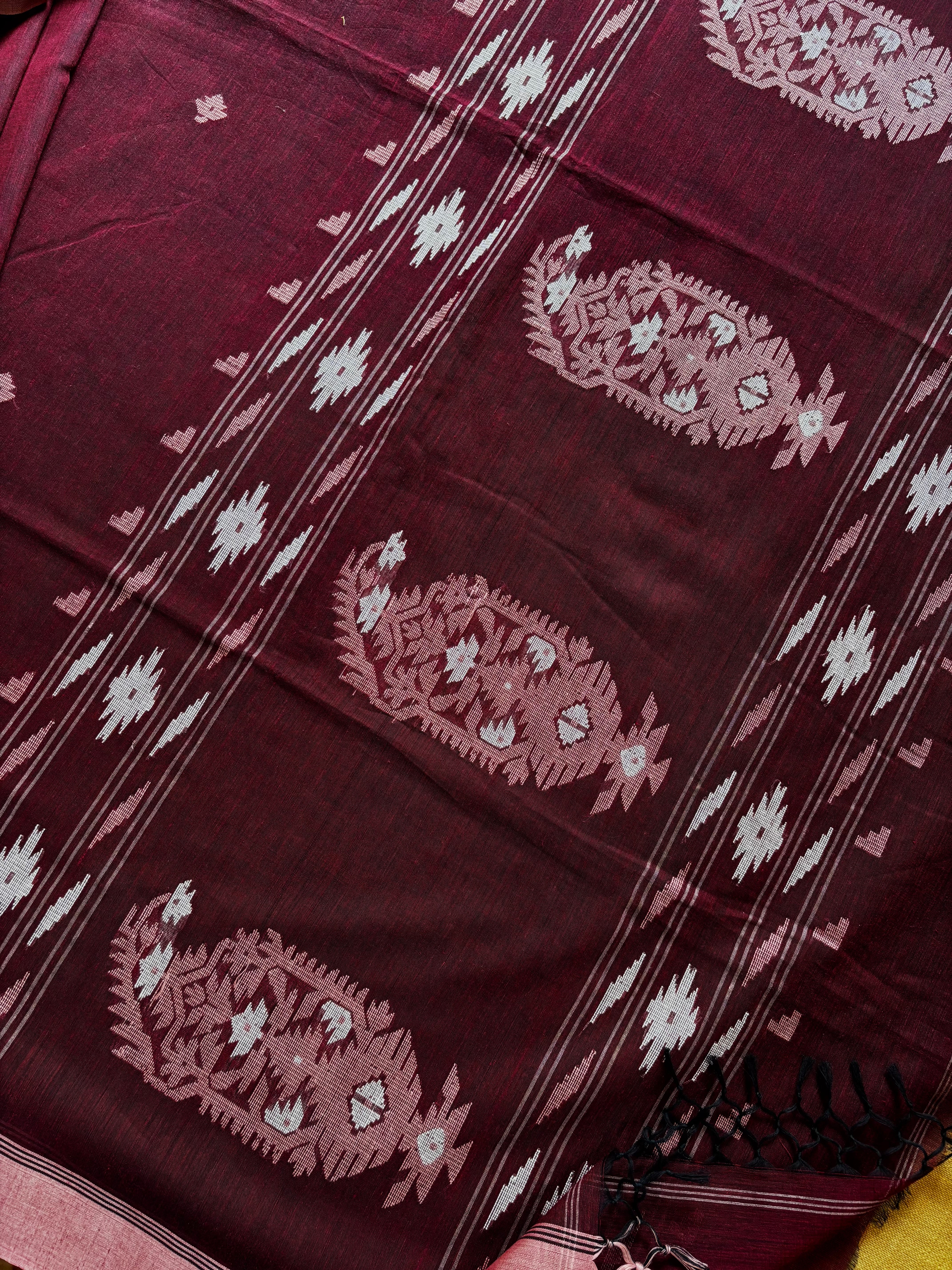 Handwoven Wine Colour Pure Cotton Jamdani Saree