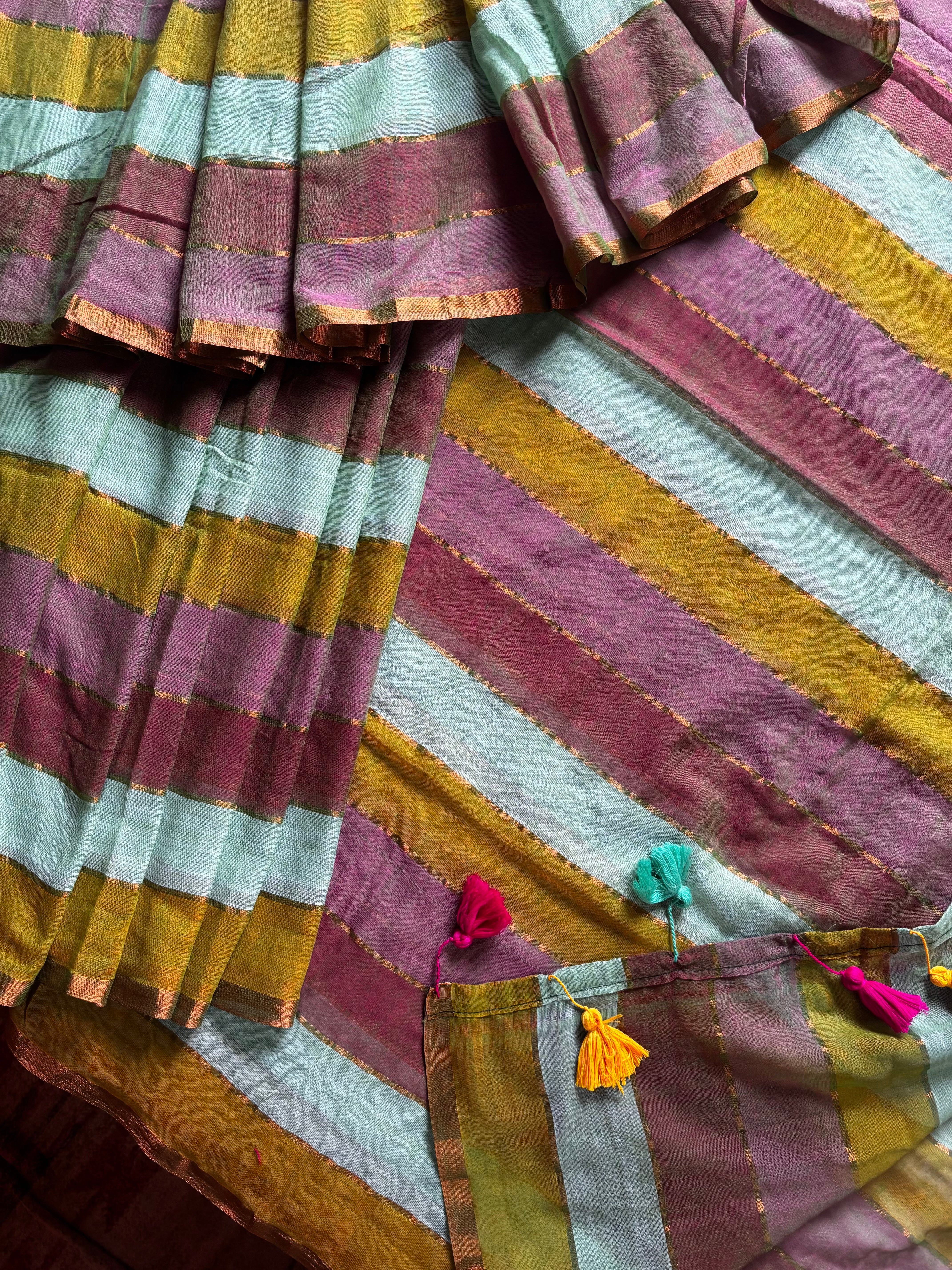 Zari Striped Multi Colour Mul Cotton Saree