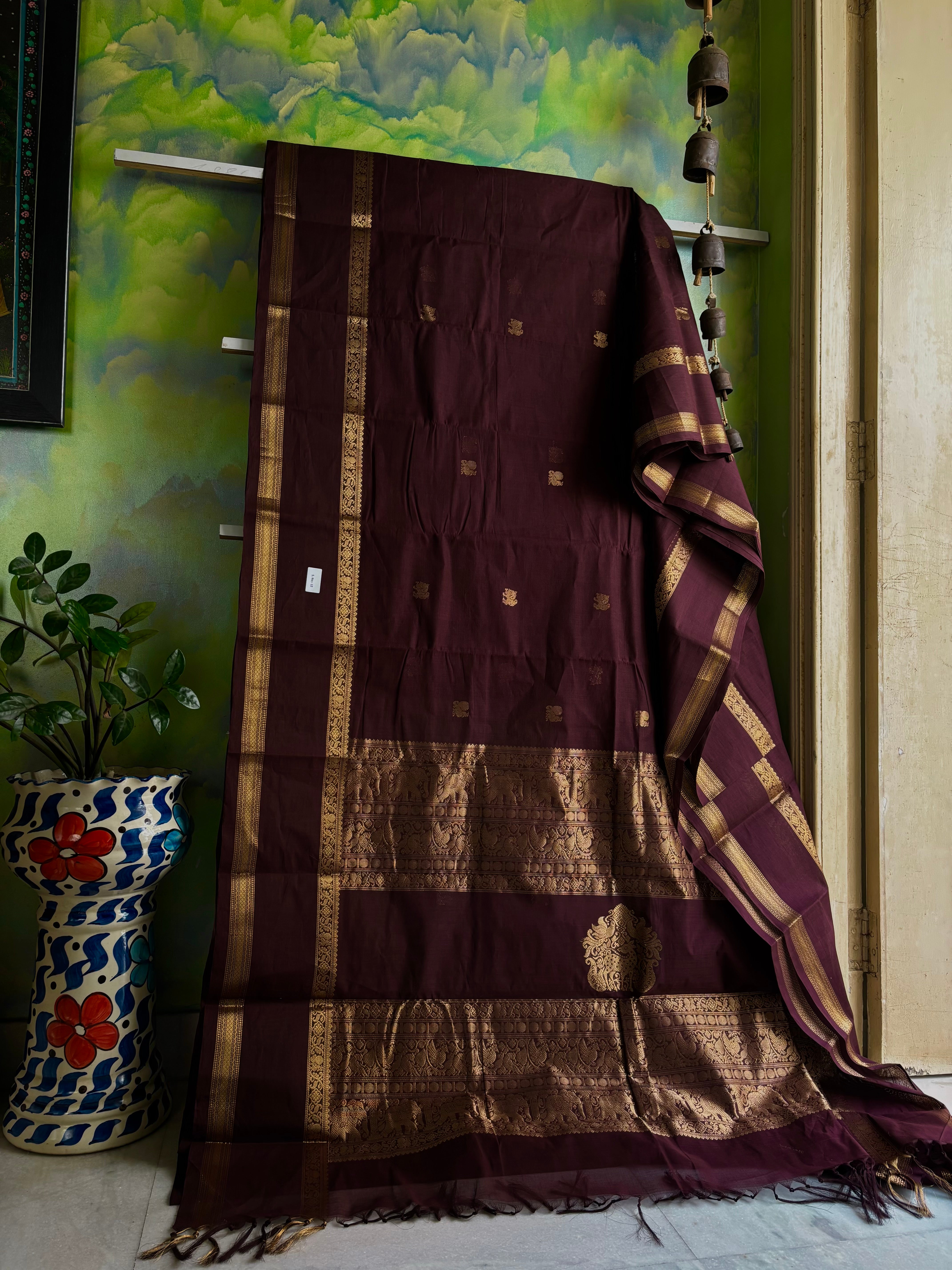 Handwoven Plum Brown Colour Cotton Kanchipuram Saree