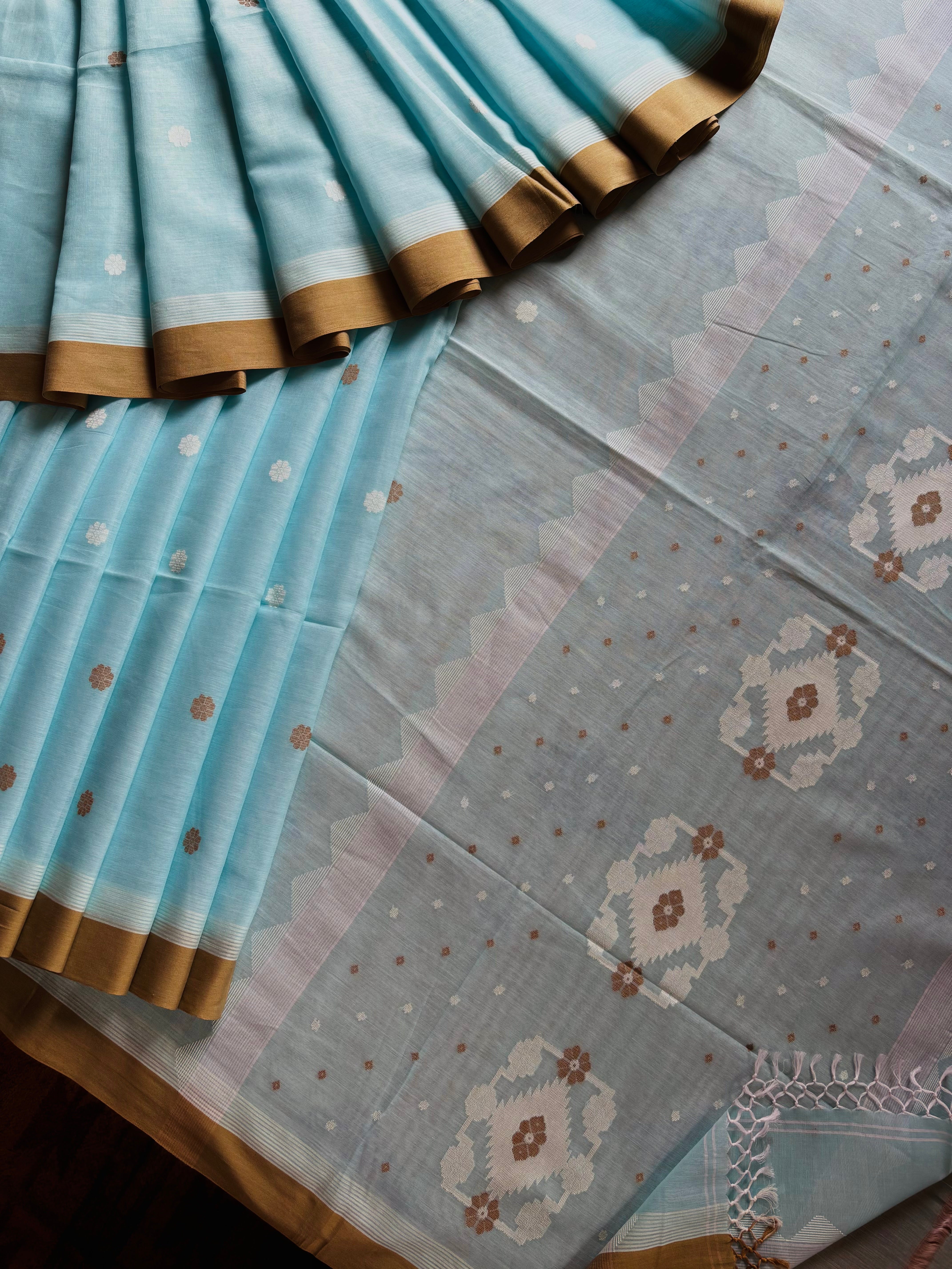 Handwoven Light Sky Cotton Jamdani Saree
