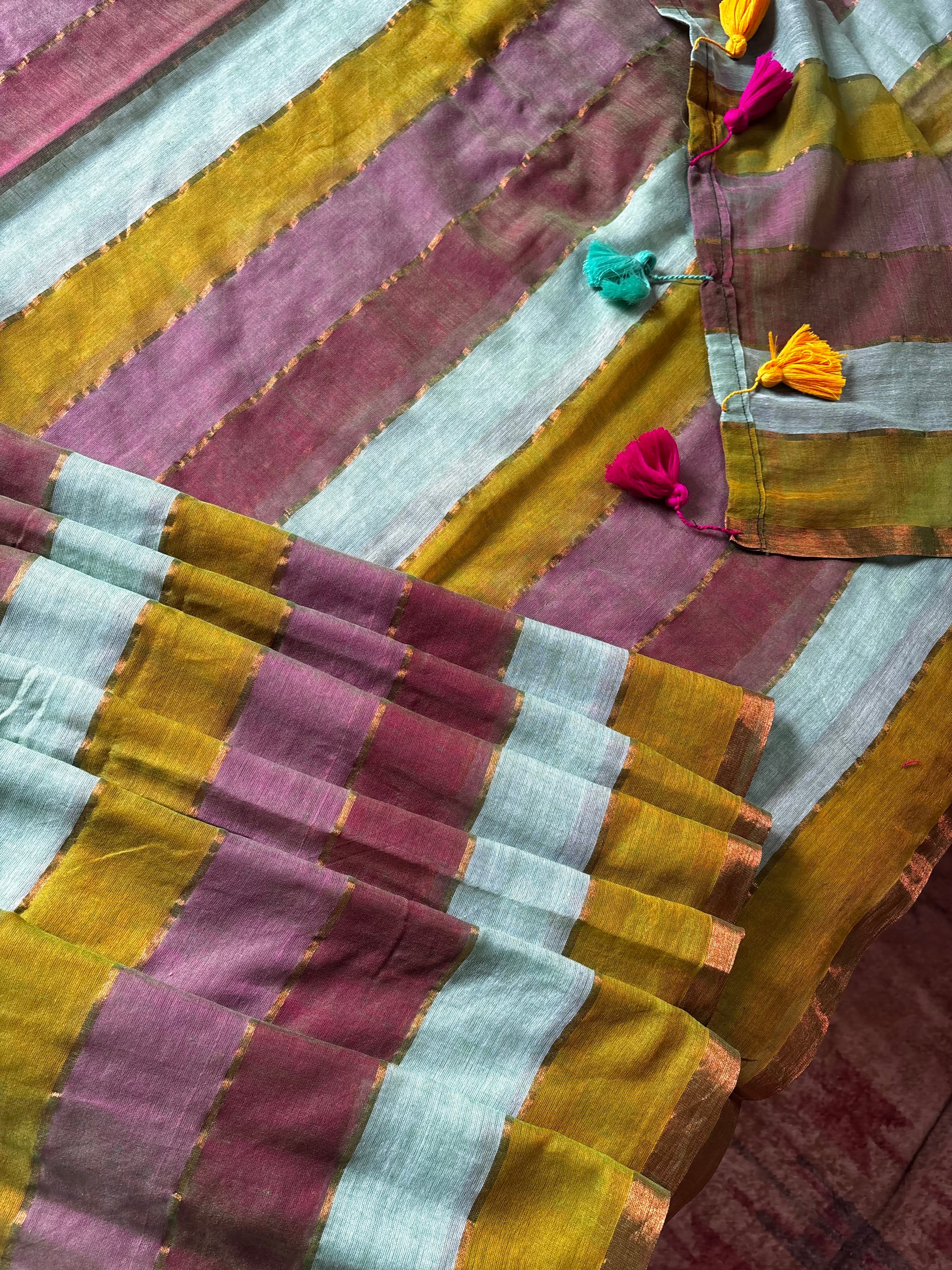 Zari Striped Multi Colour Mul Cotton Saree