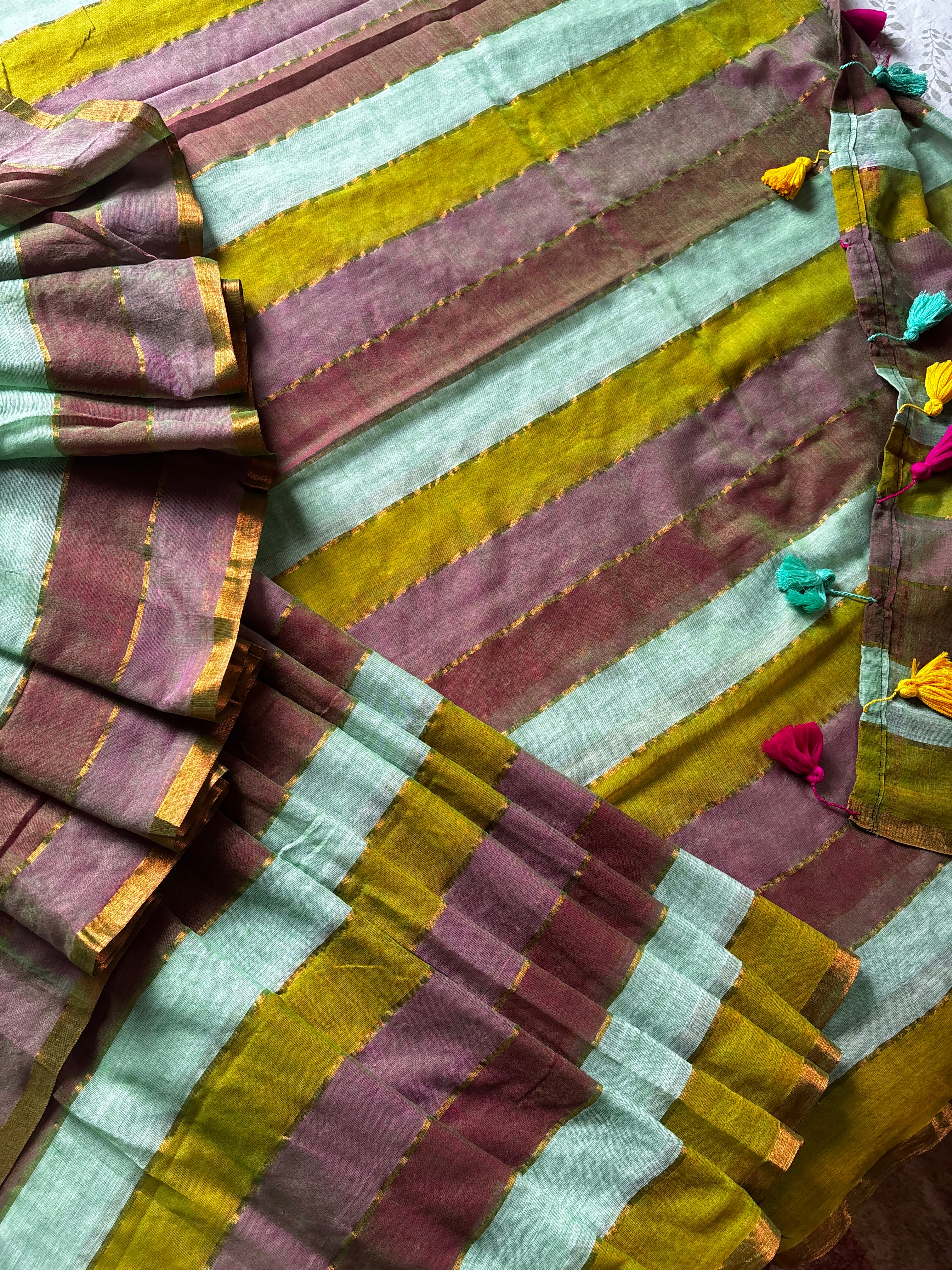 Zari Striped Multi Colour Mul Cotton Saree