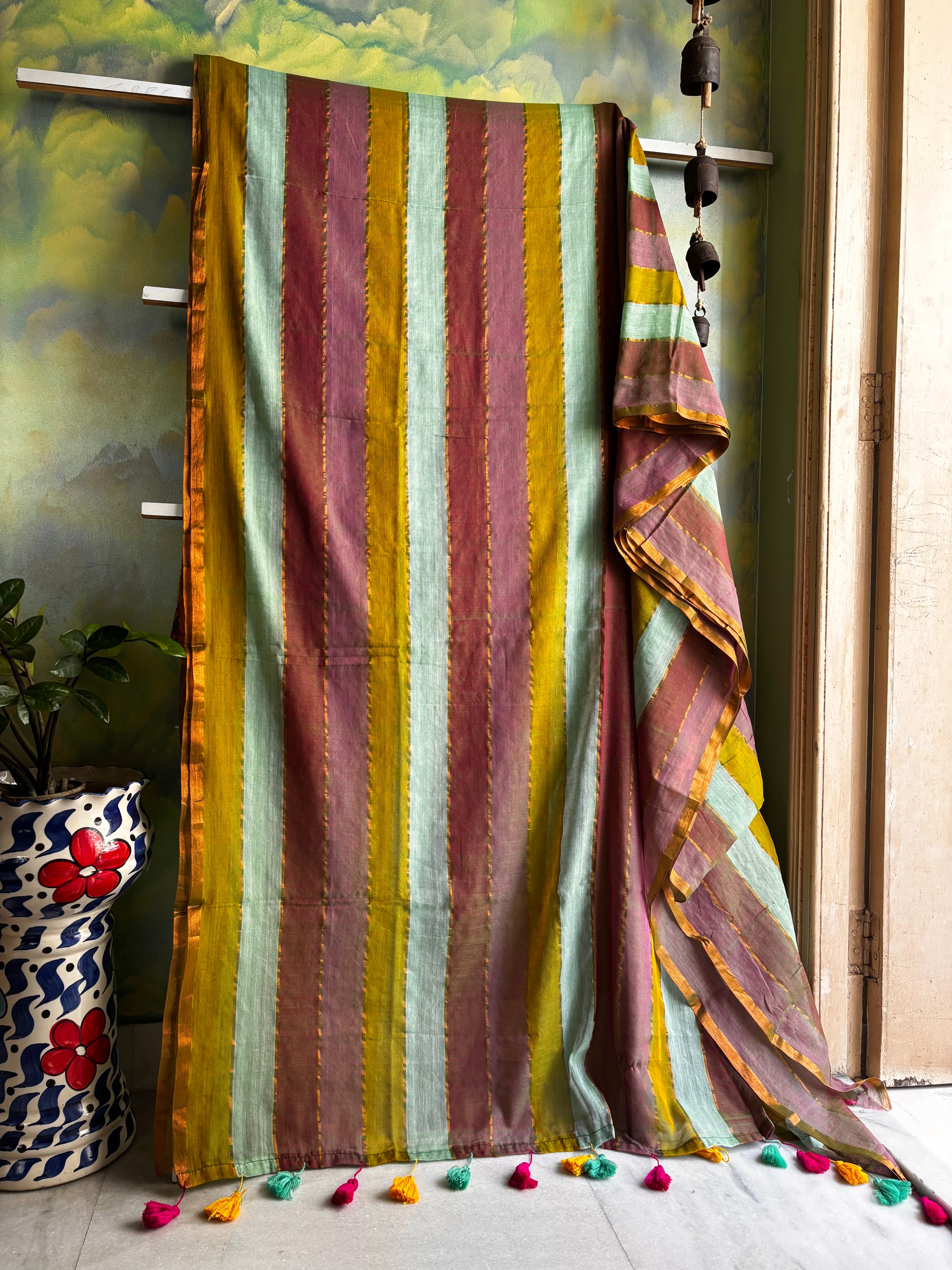 Zari Striped Multi Colour Mul Cotton Saree