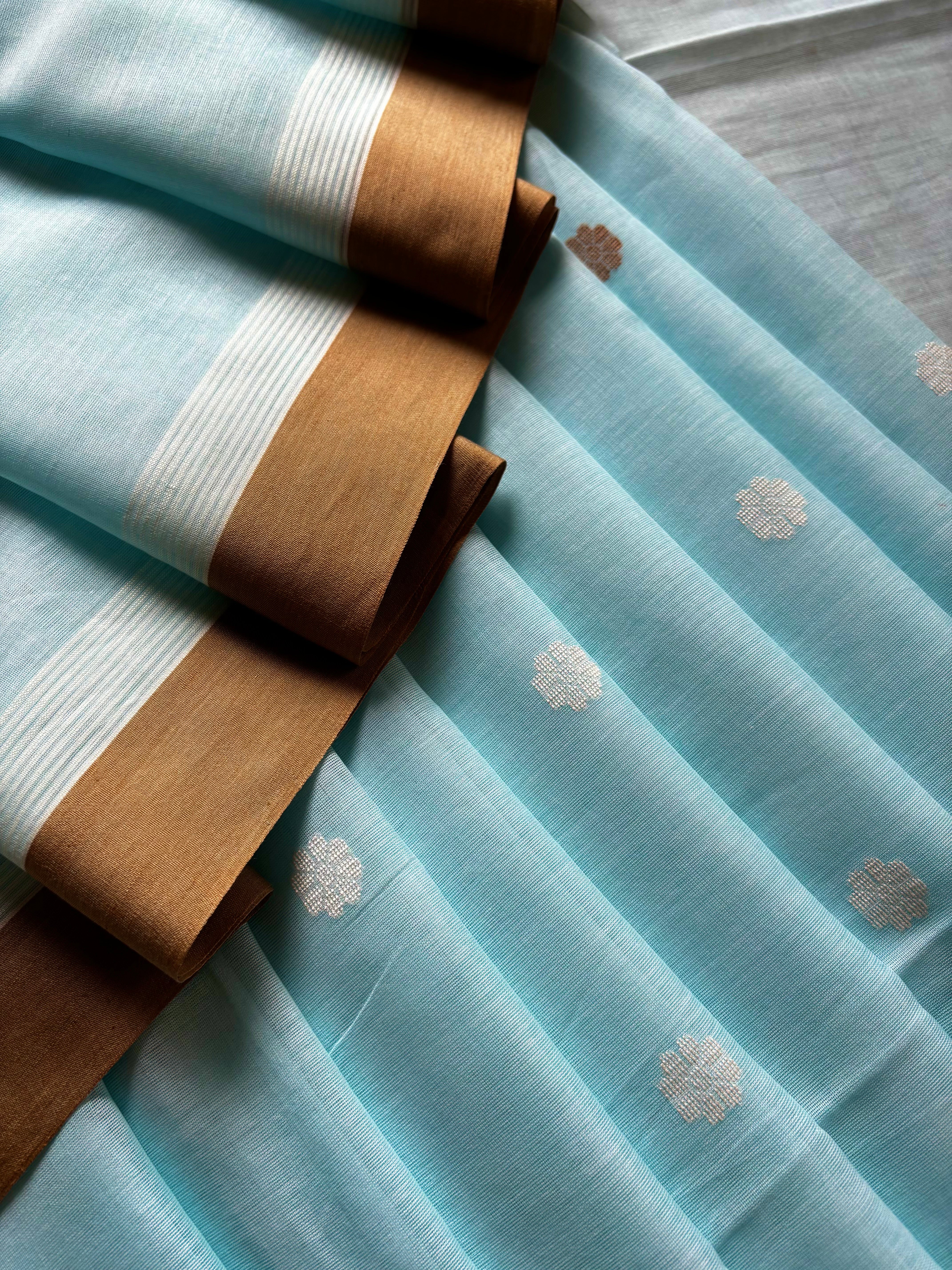 Handwoven Light Sky Cotton Jamdani Saree