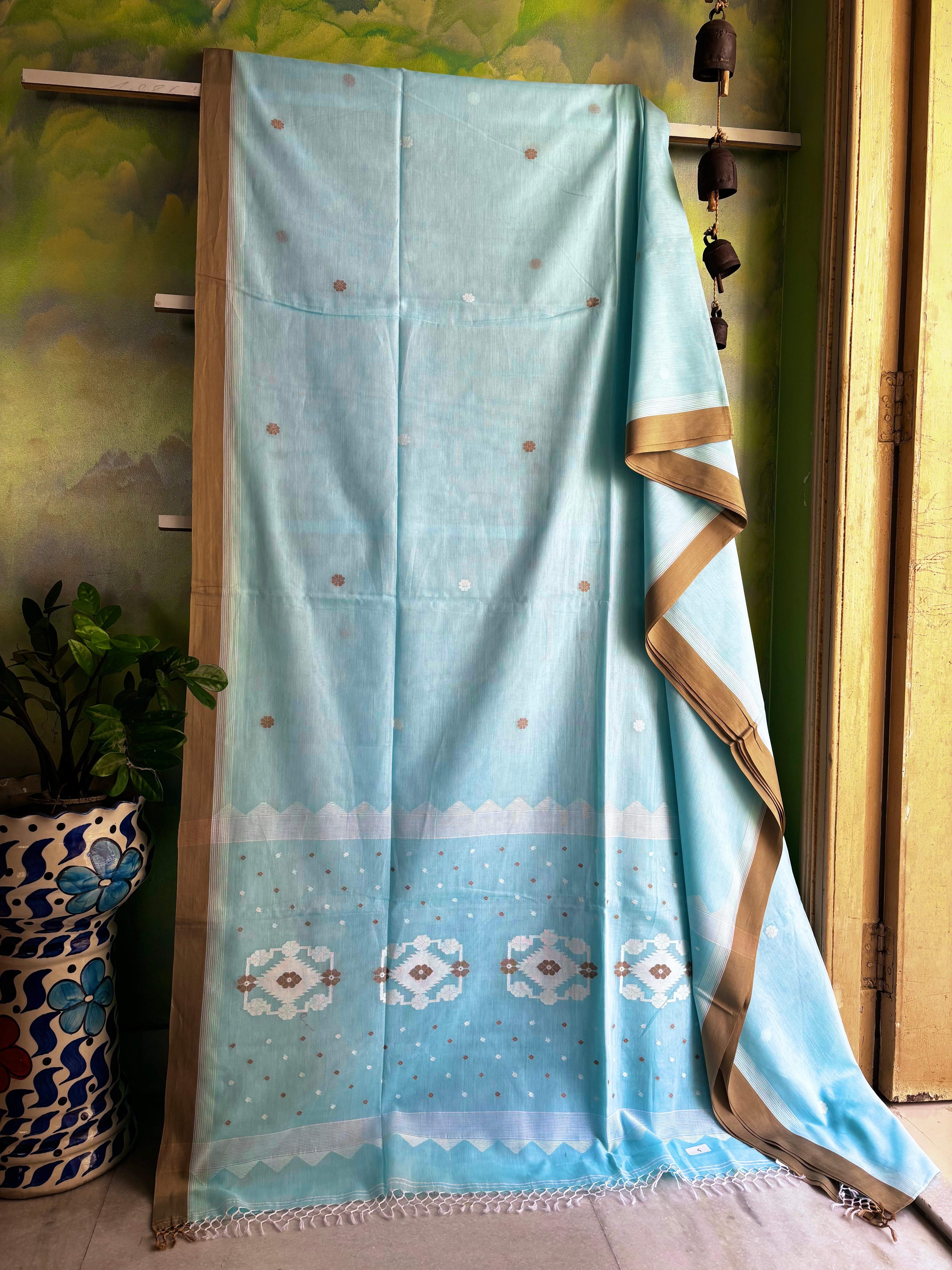 Handwoven Light Sky Cotton Jamdani Saree
