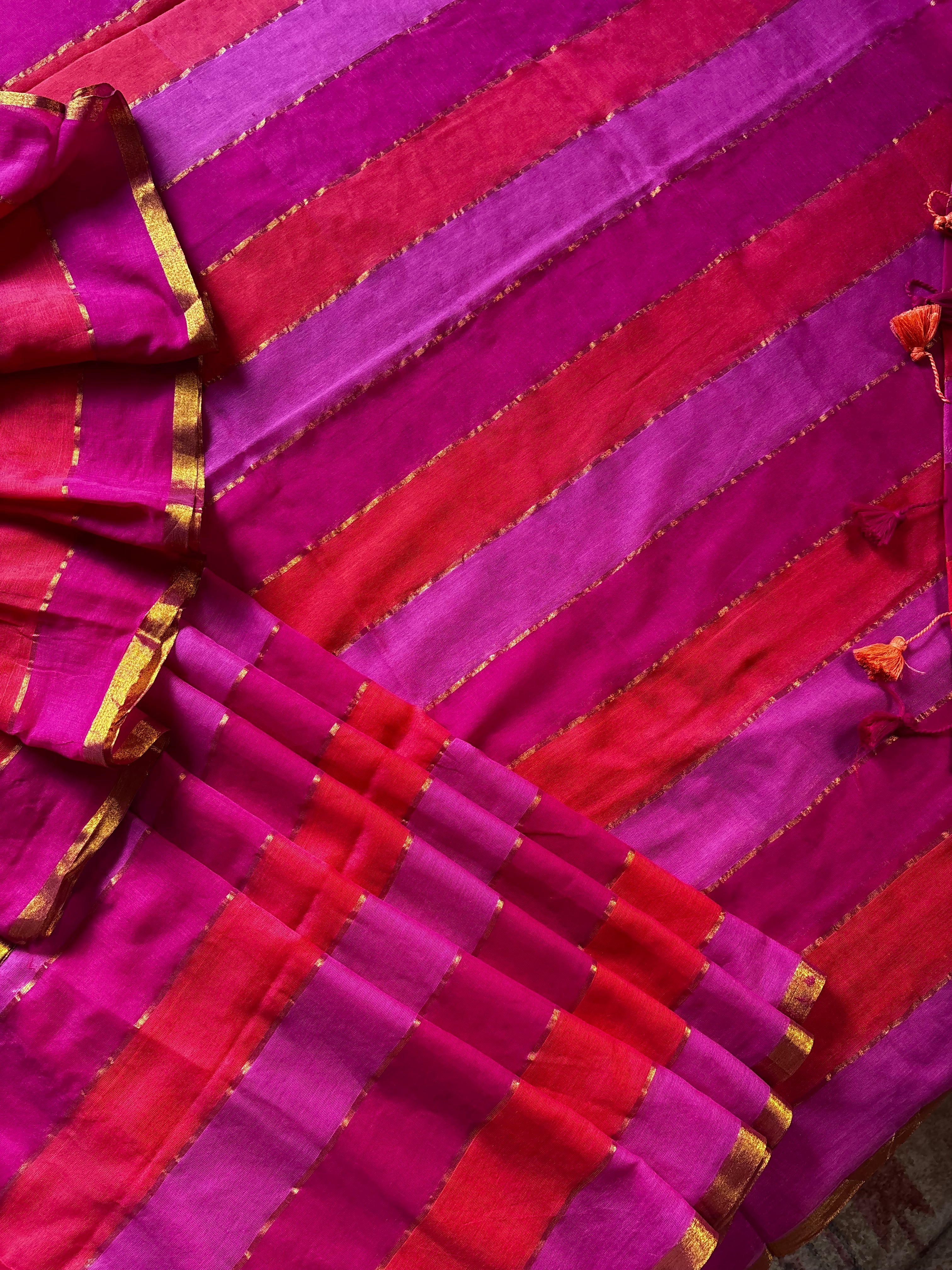 Zari Striped Multi Colour Mul Cotton Saree