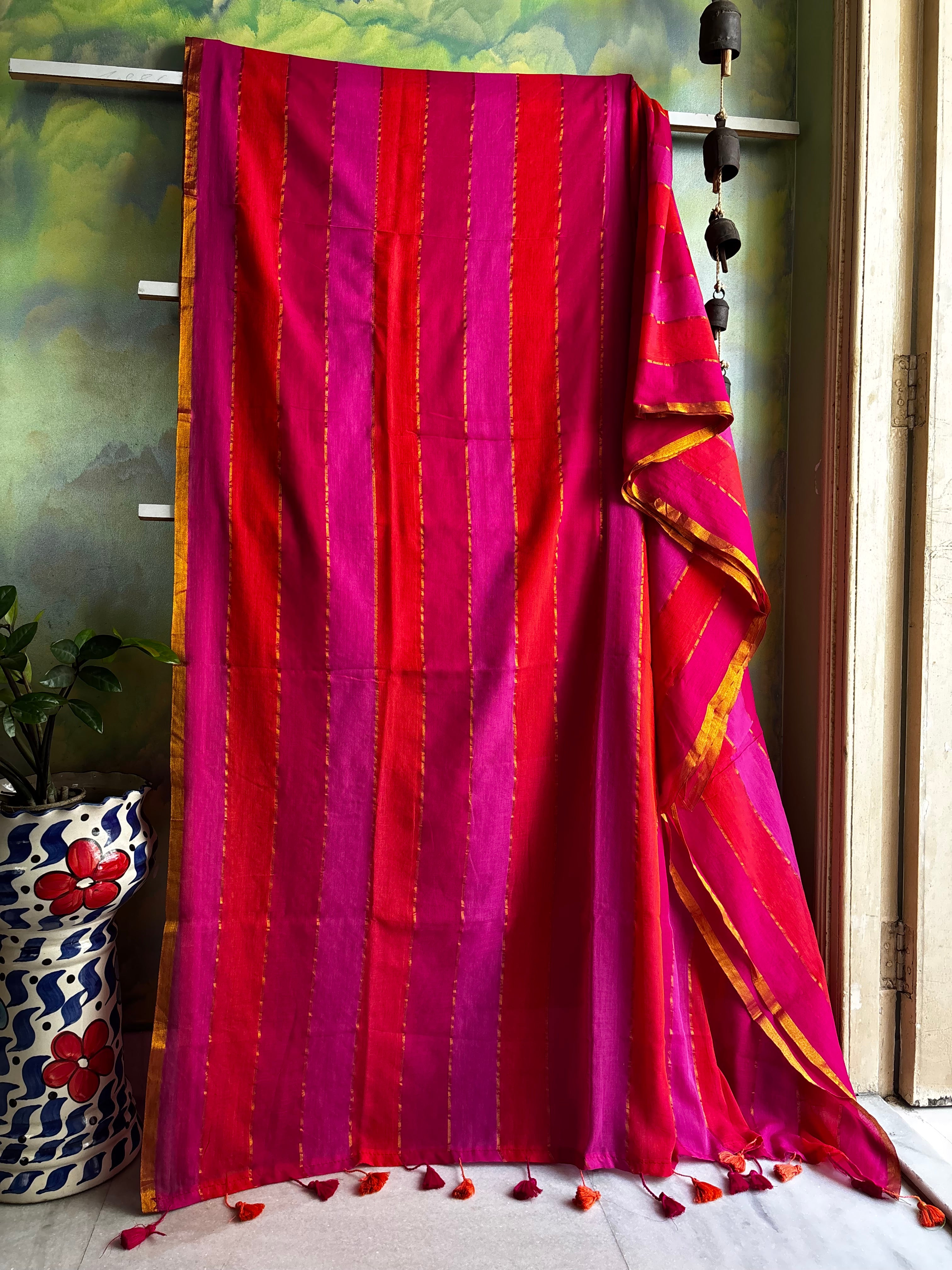 Zari Striped Multi Colour Mul Cotton Saree