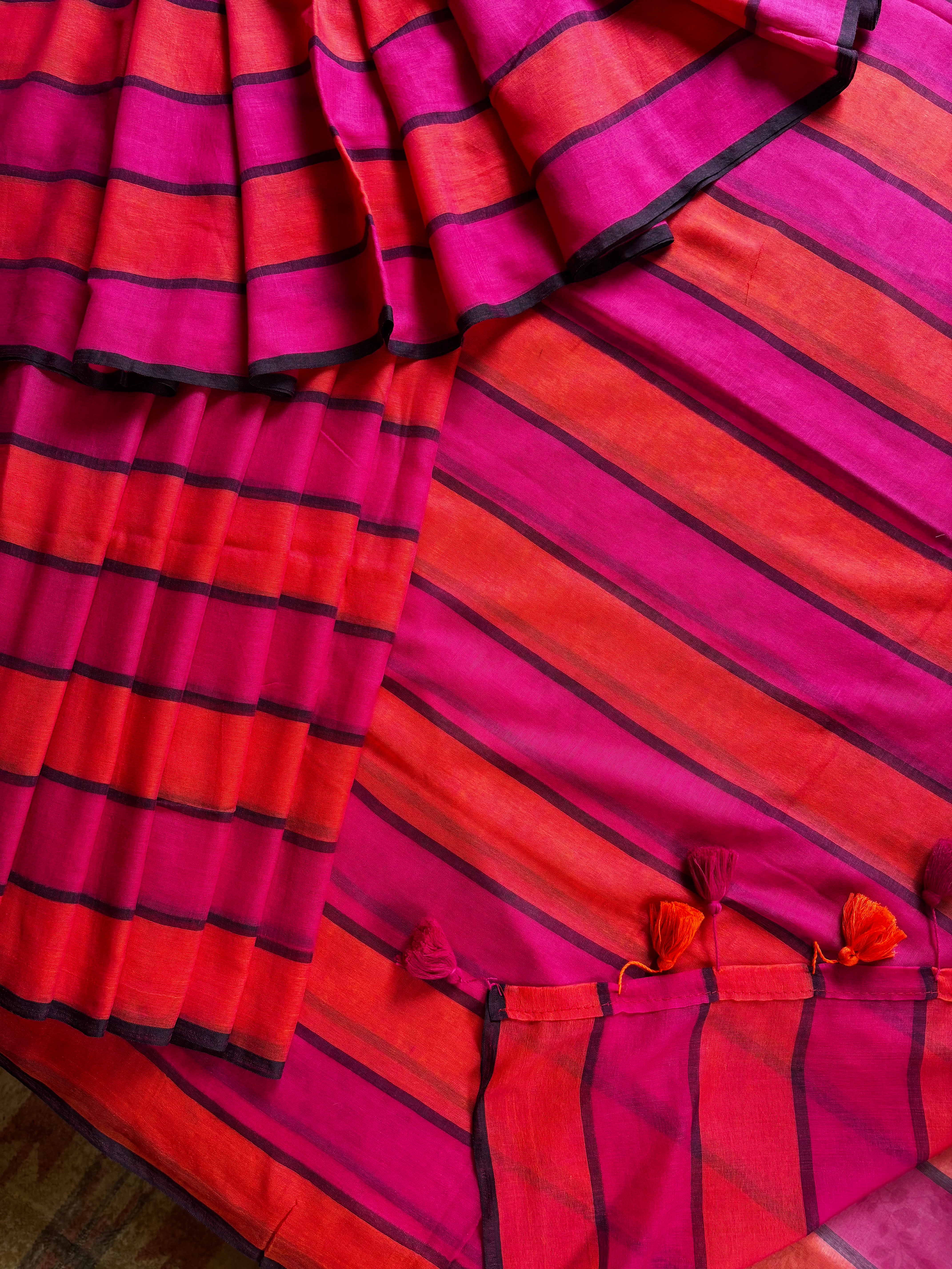 Orange Rani Pink Striped Mul Cotton Saree