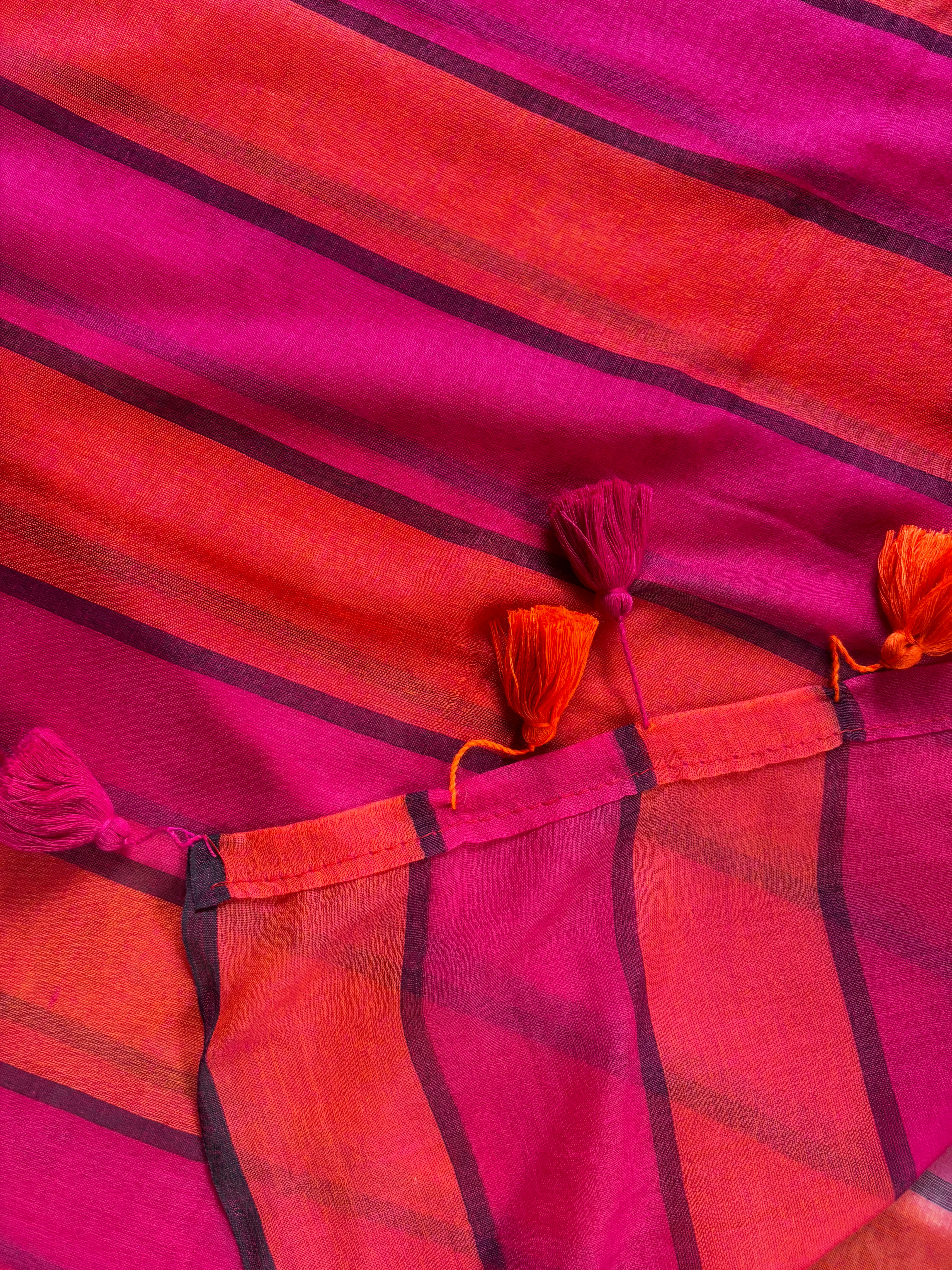 Orange Rani Pink Striped Mul Cotton Saree
