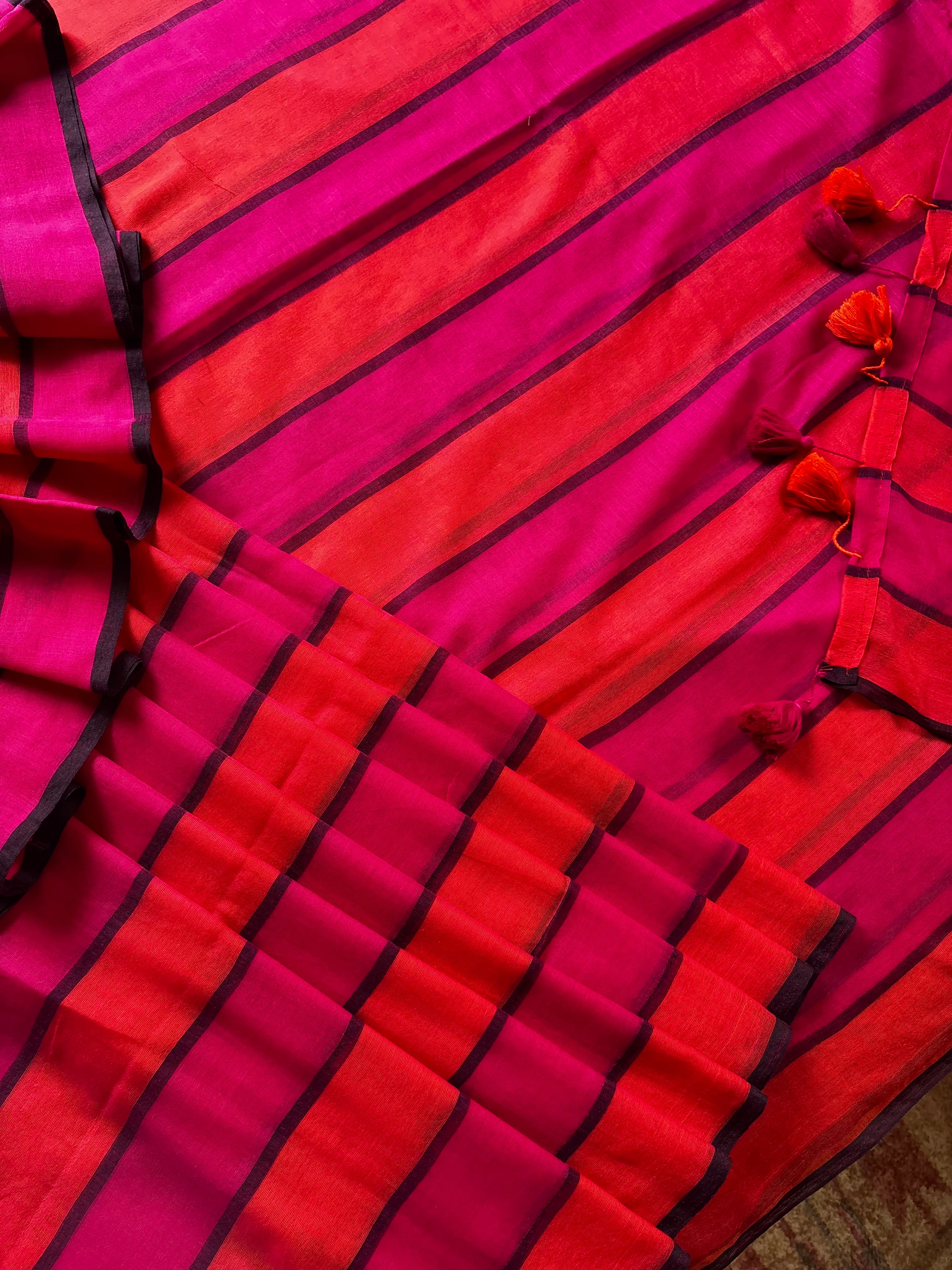 Orange Rani Pink Striped Mul Cotton Saree