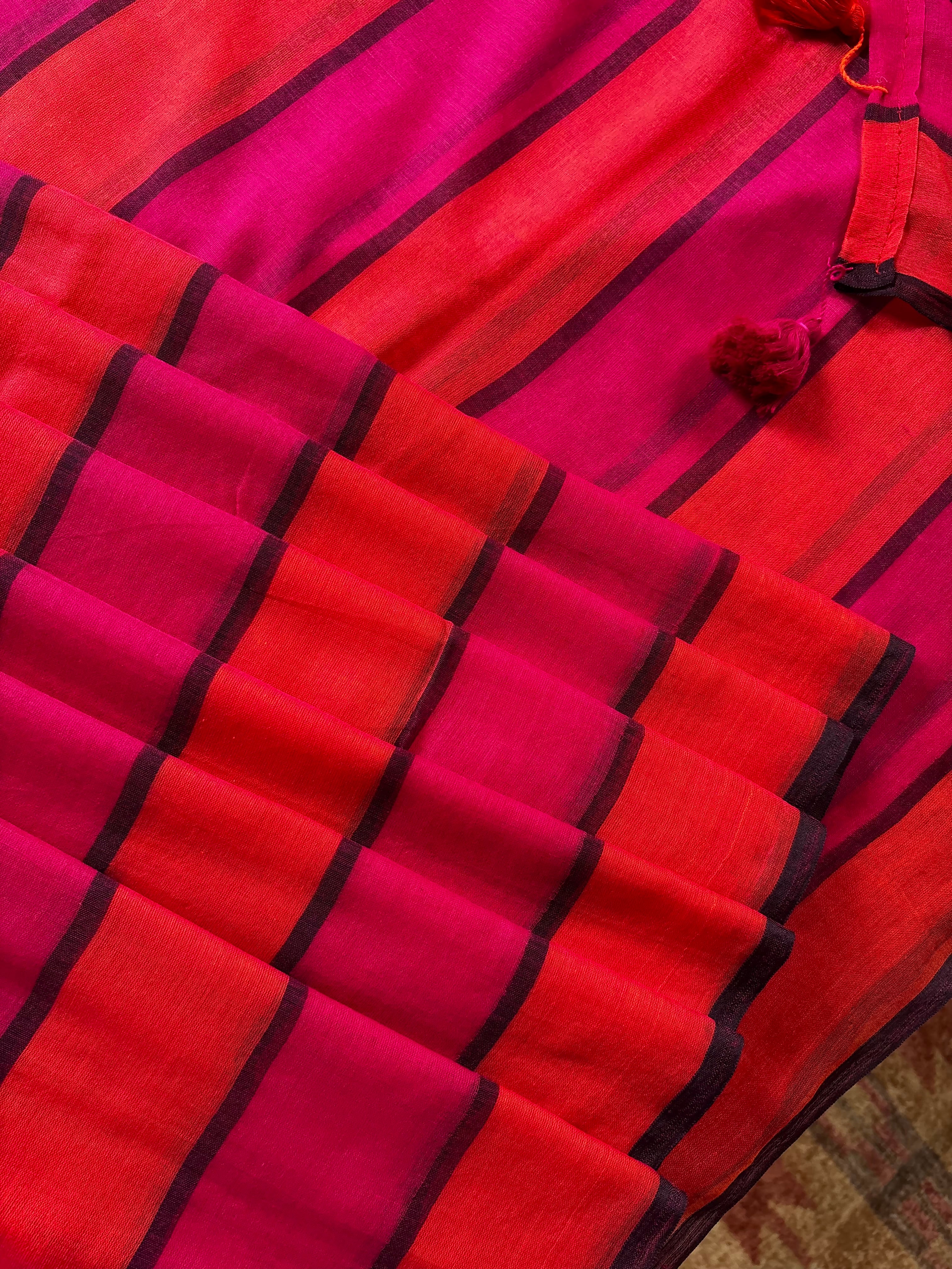 Orange Rani Pink Striped Mul Cotton Saree
