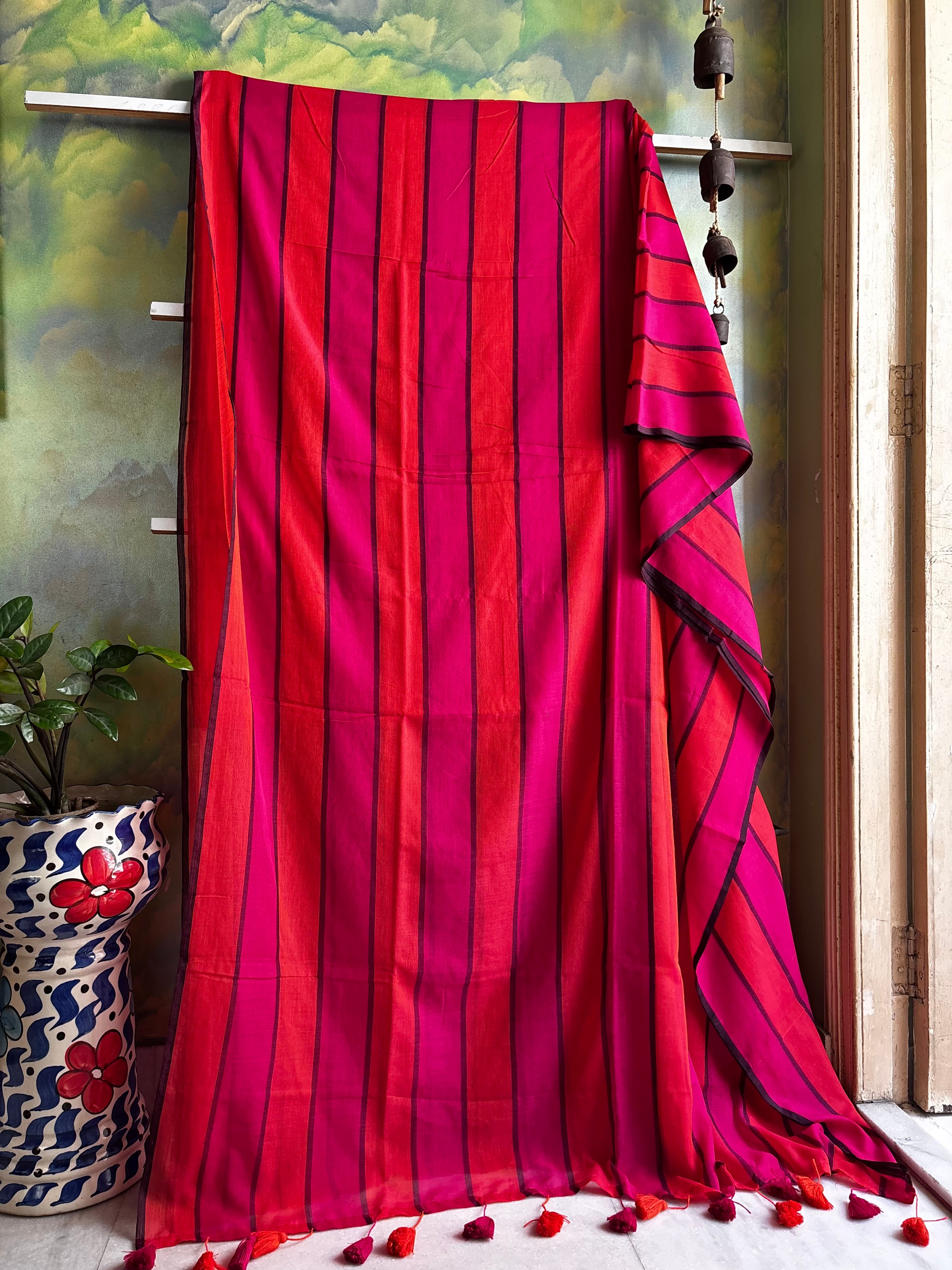 Orange Rani Pink Striped Mul Cotton Saree