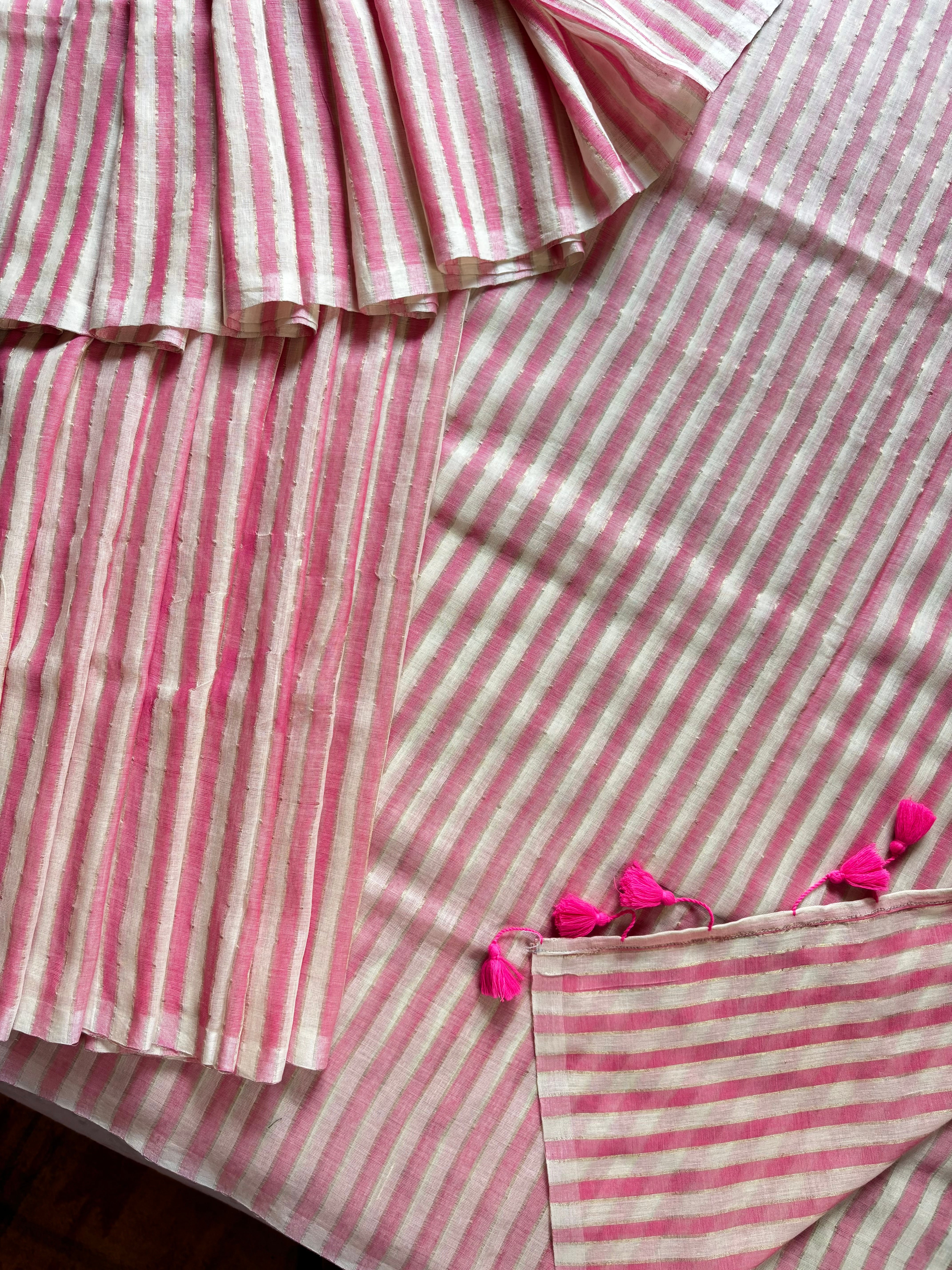 Pink White Striped Mul Cotton Saree