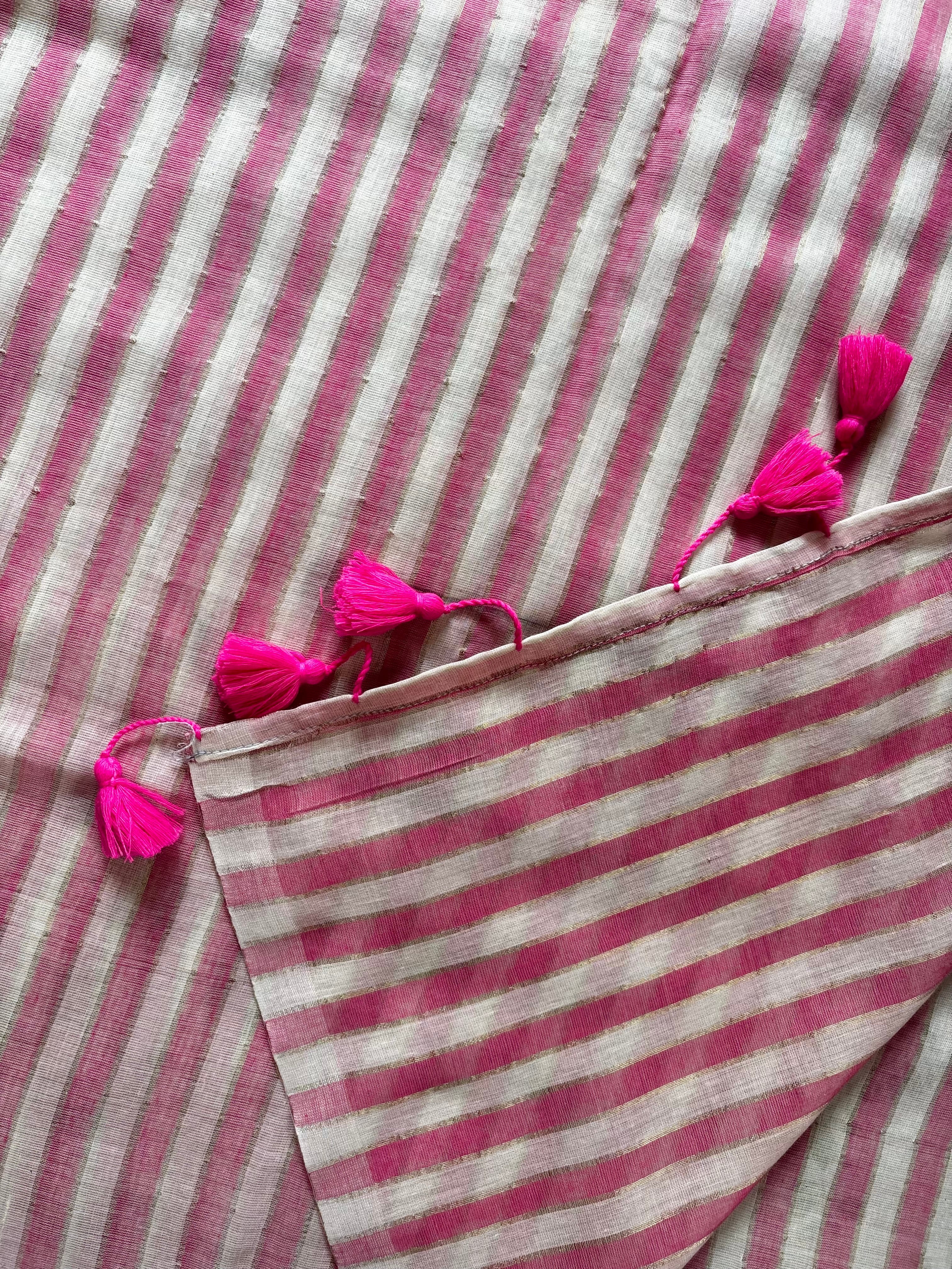 Pink White Striped Mul Cotton Saree