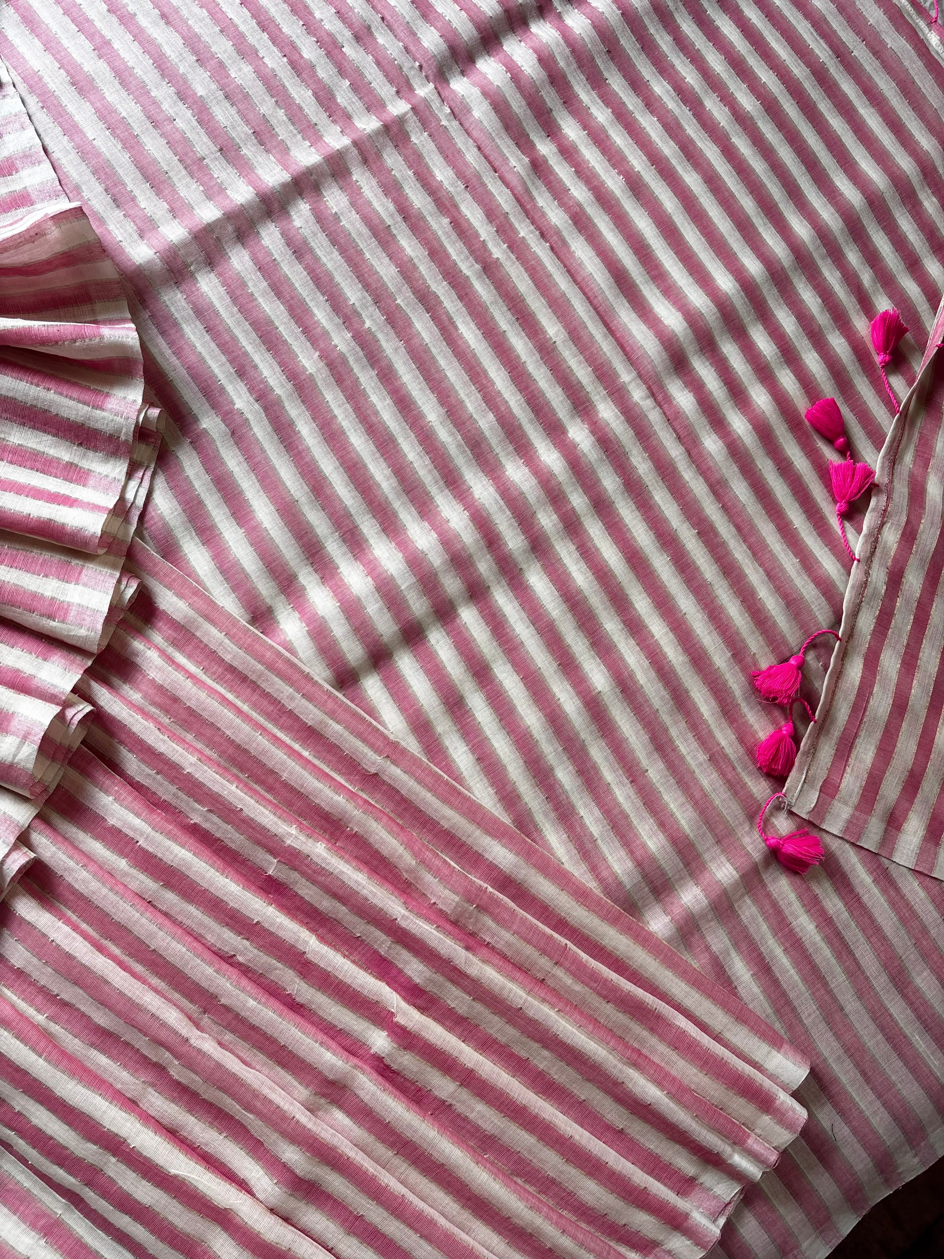 Pink White Striped Mul Cotton Saree