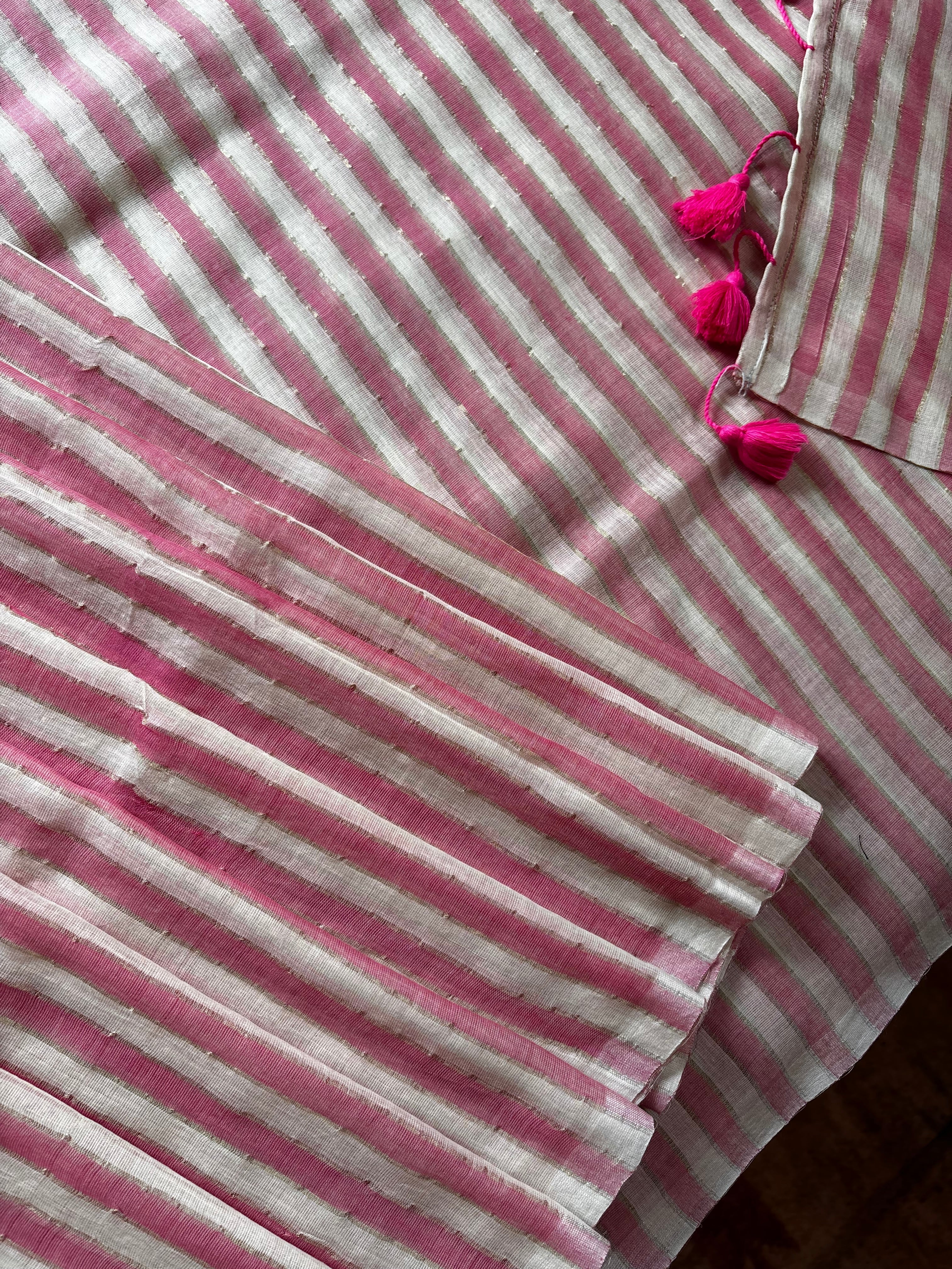 Pink White Striped Mul Cotton Saree
