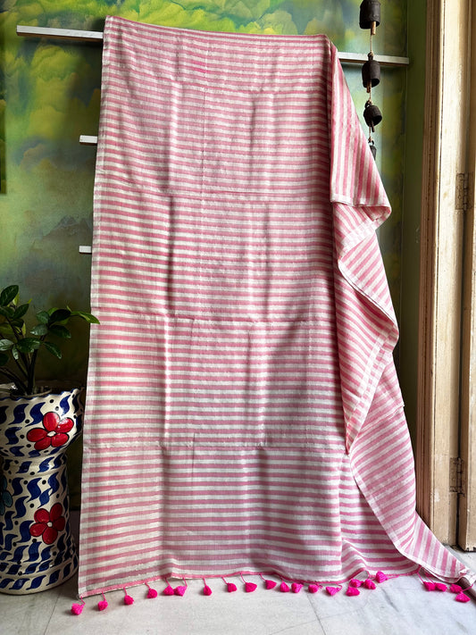 Pink White Striped Mul Cotton Saree