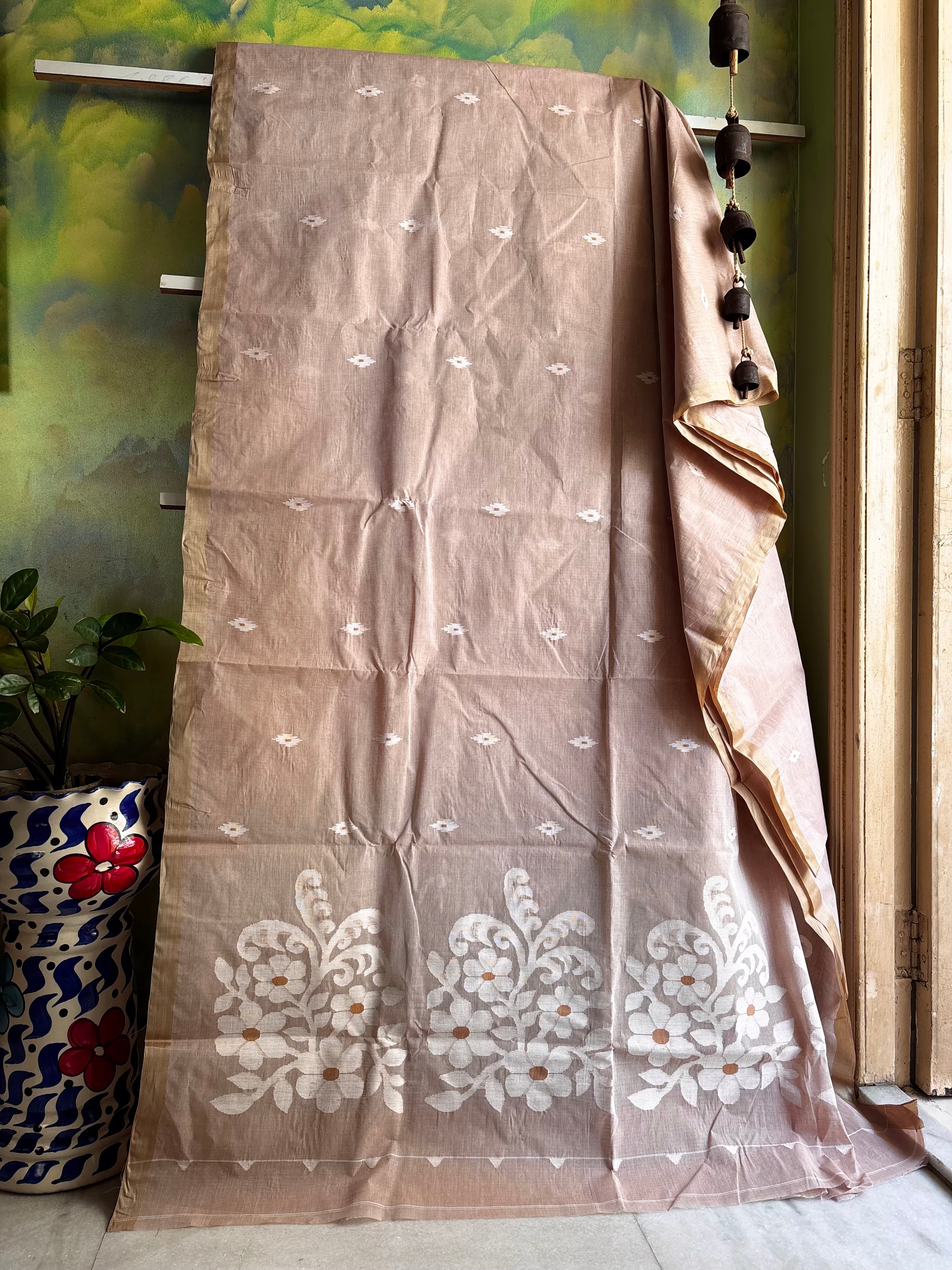 Handwoven Light Brown Colour Cotton Jamdani Saree
