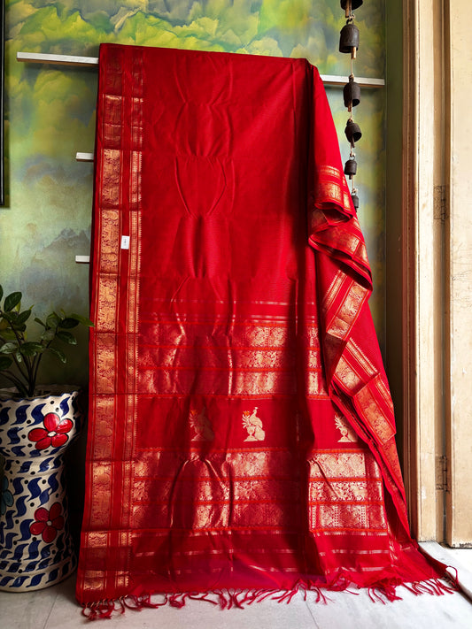 Handwoven Red Colour Kanchipuram Cotton Saree