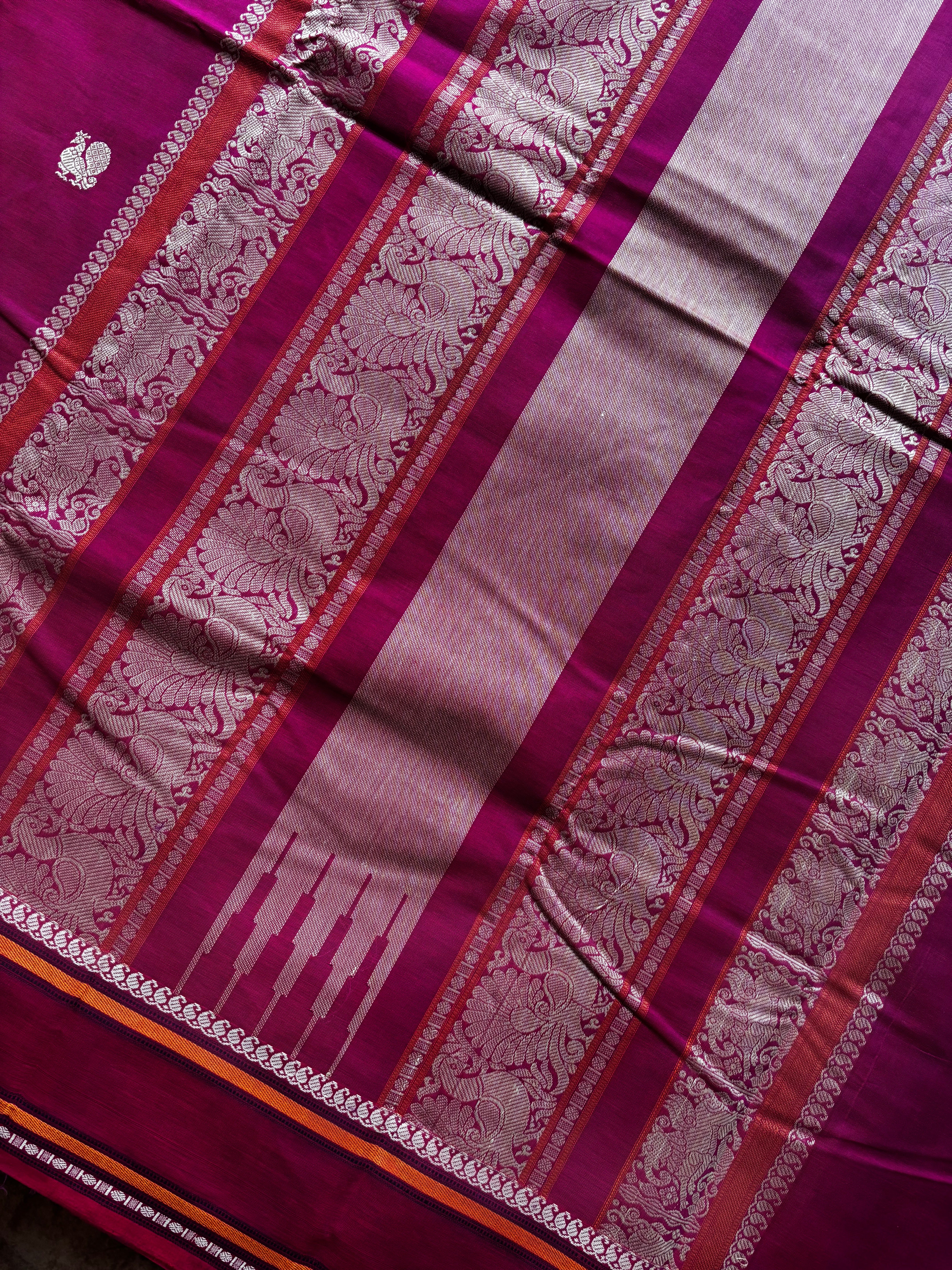 Handwoven Red Blue Mixed Toned Kanchipuram Cotton Saree
