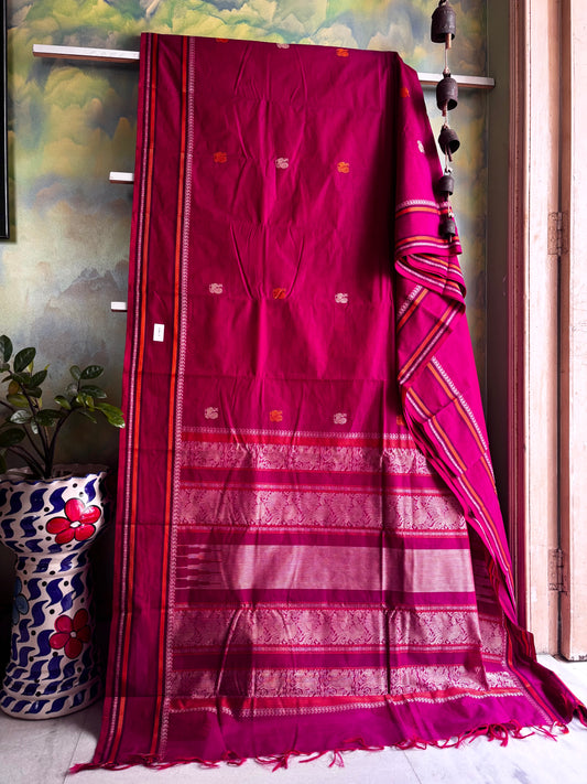 Handwoven Red Blue Mixed Toned Kanchipuram Cotton Saree