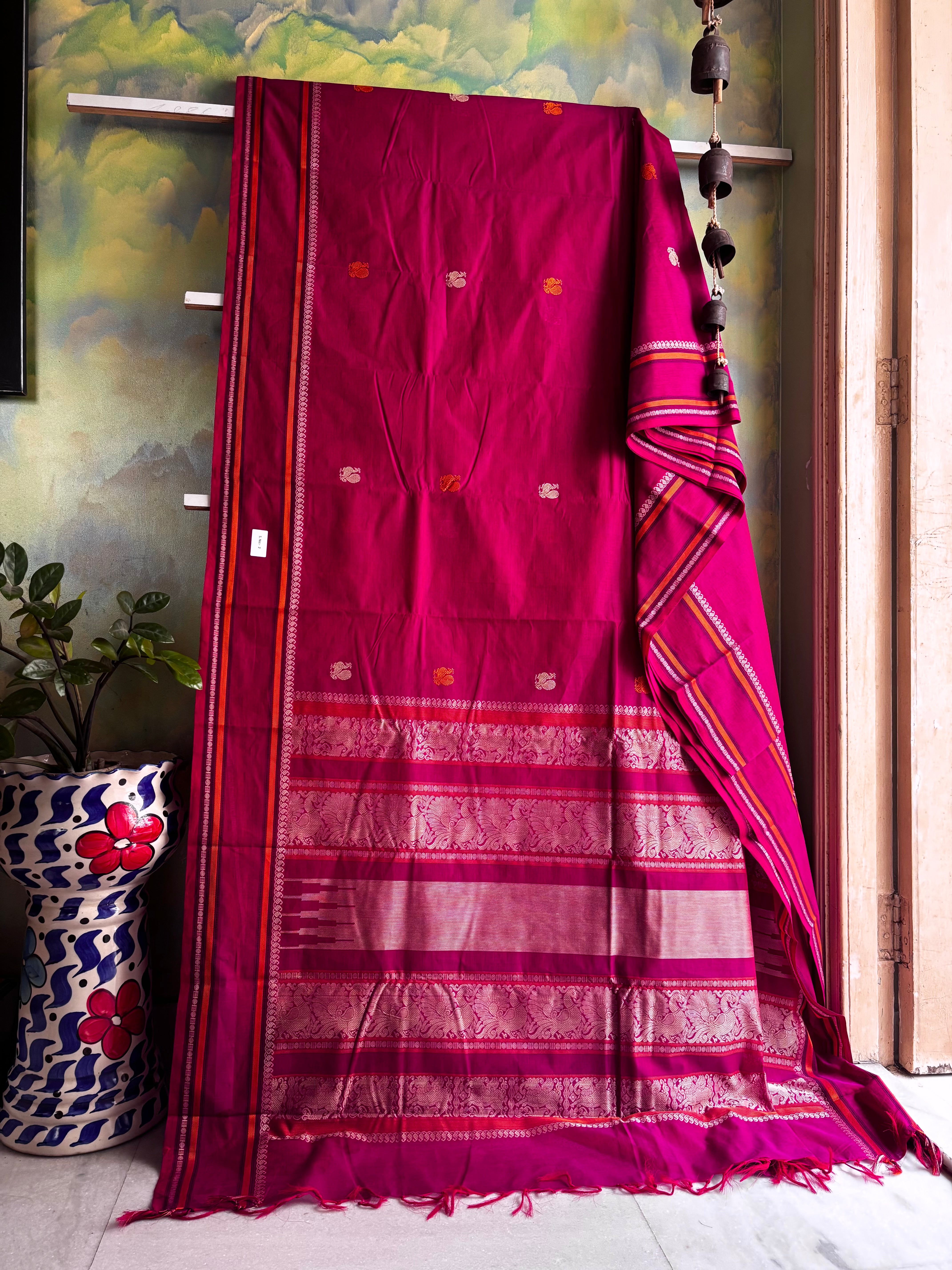 Handwoven Red Blue Mixed Toned Kanchipuram Cotton Saree