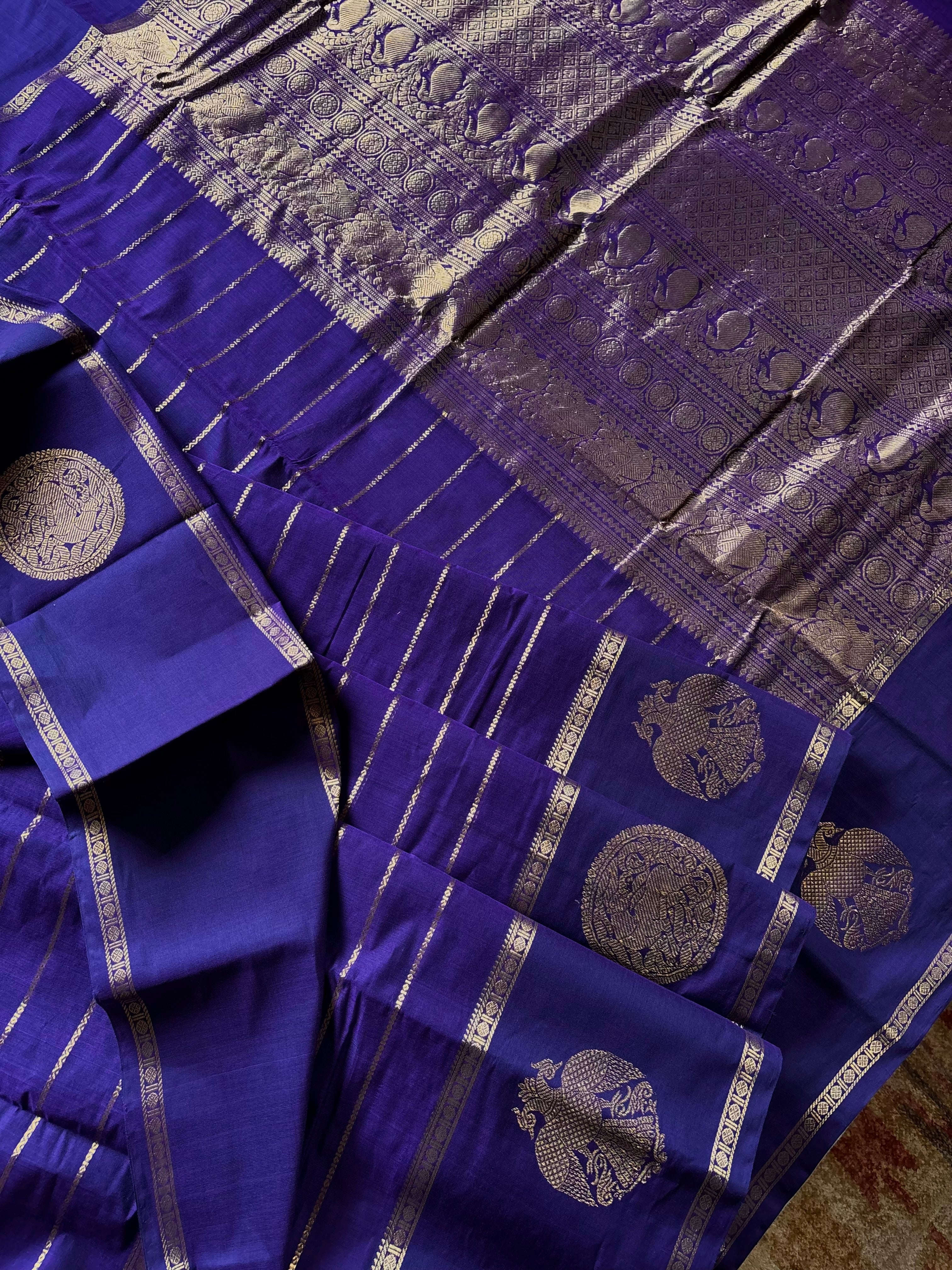 Handwoven Purple Colour Kanchipuram Veldhari Cotton Saree