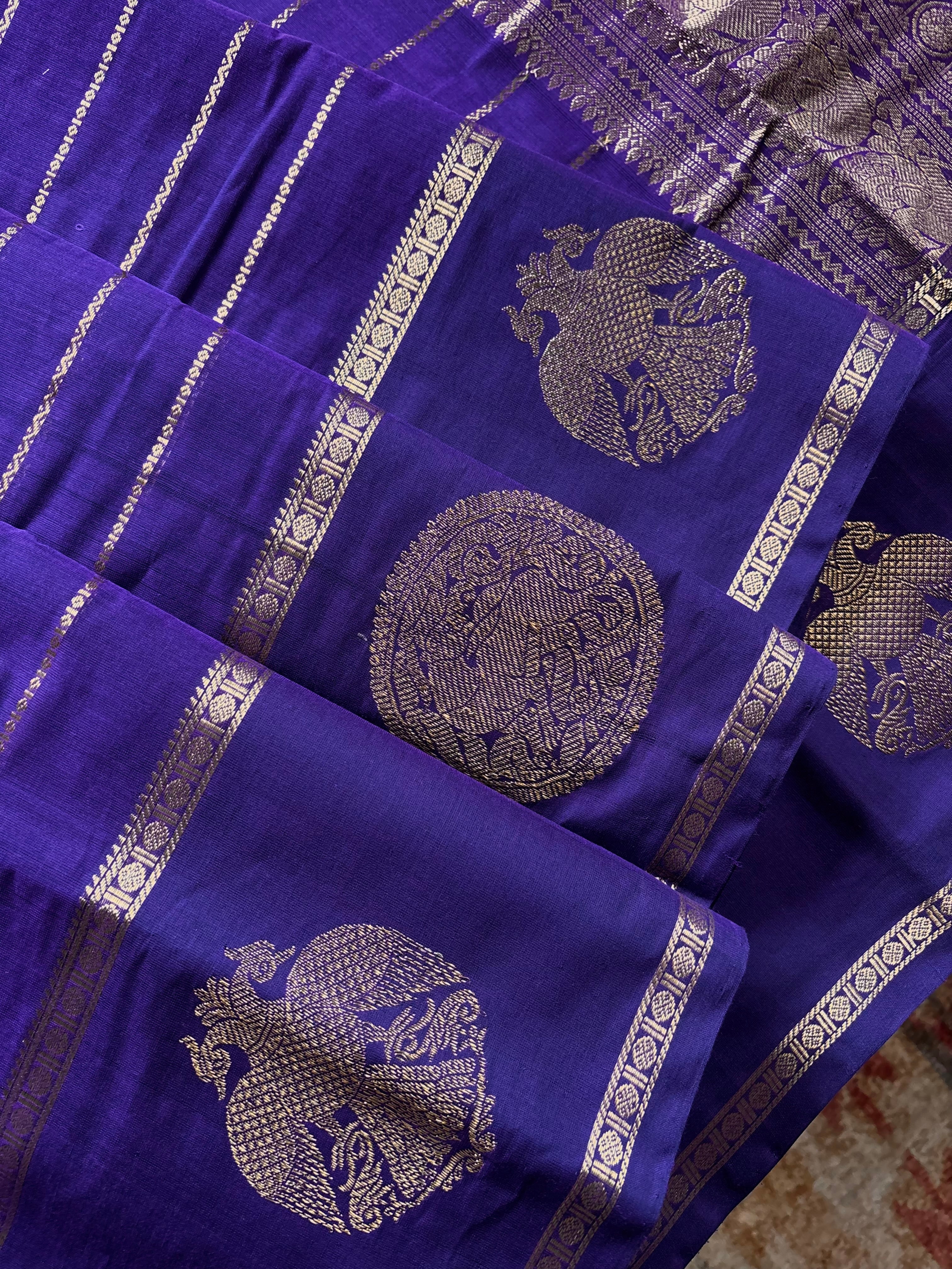 Handwoven Purple Colour Kanchipuram Veldhari Cotton Saree