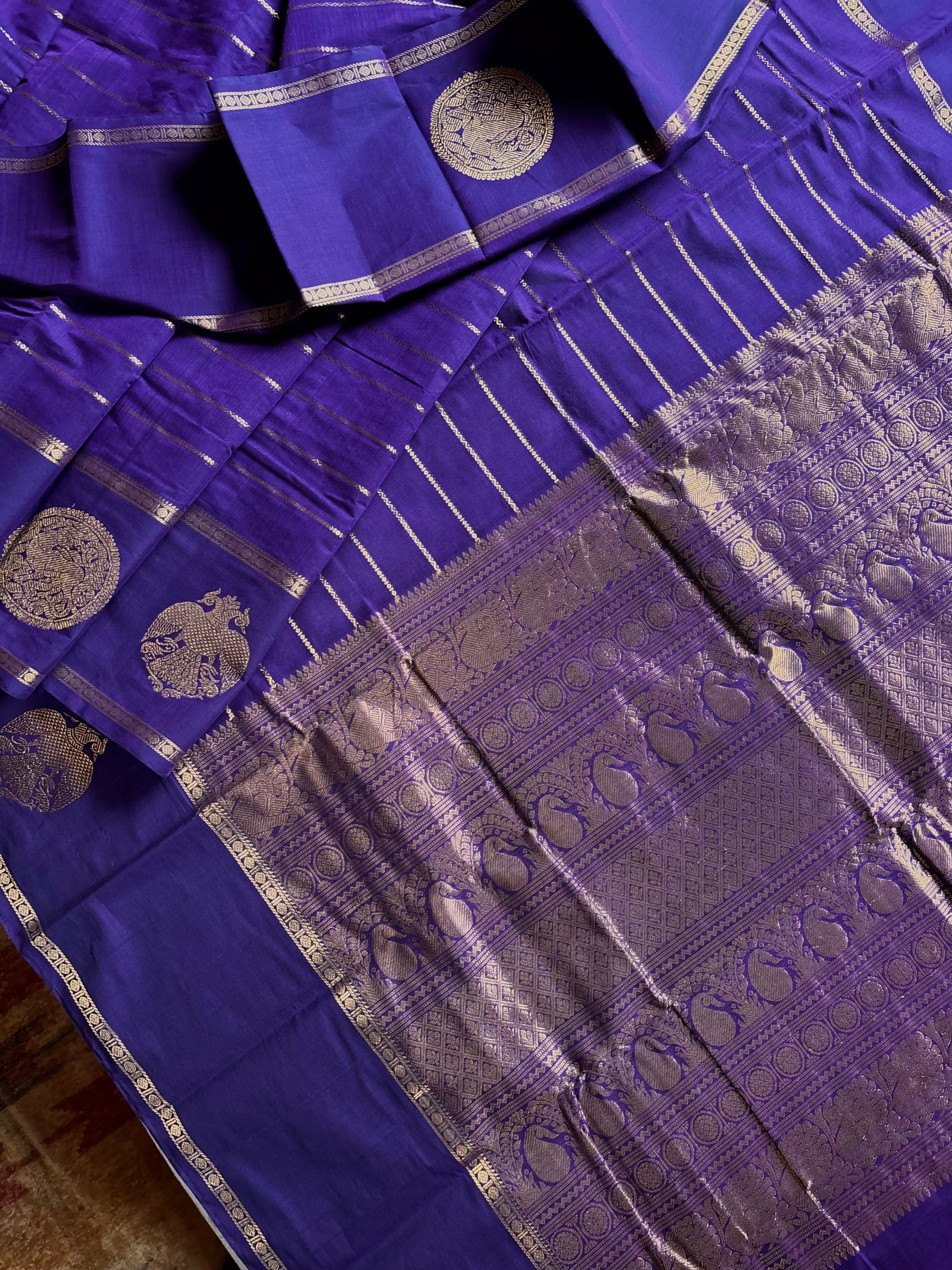 Handwoven Purple Colour Kanchipuram Veldhari Cotton Saree