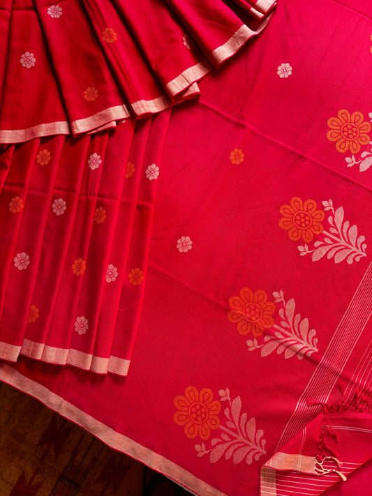 Handwoven Red Cotton Jamdani Saree