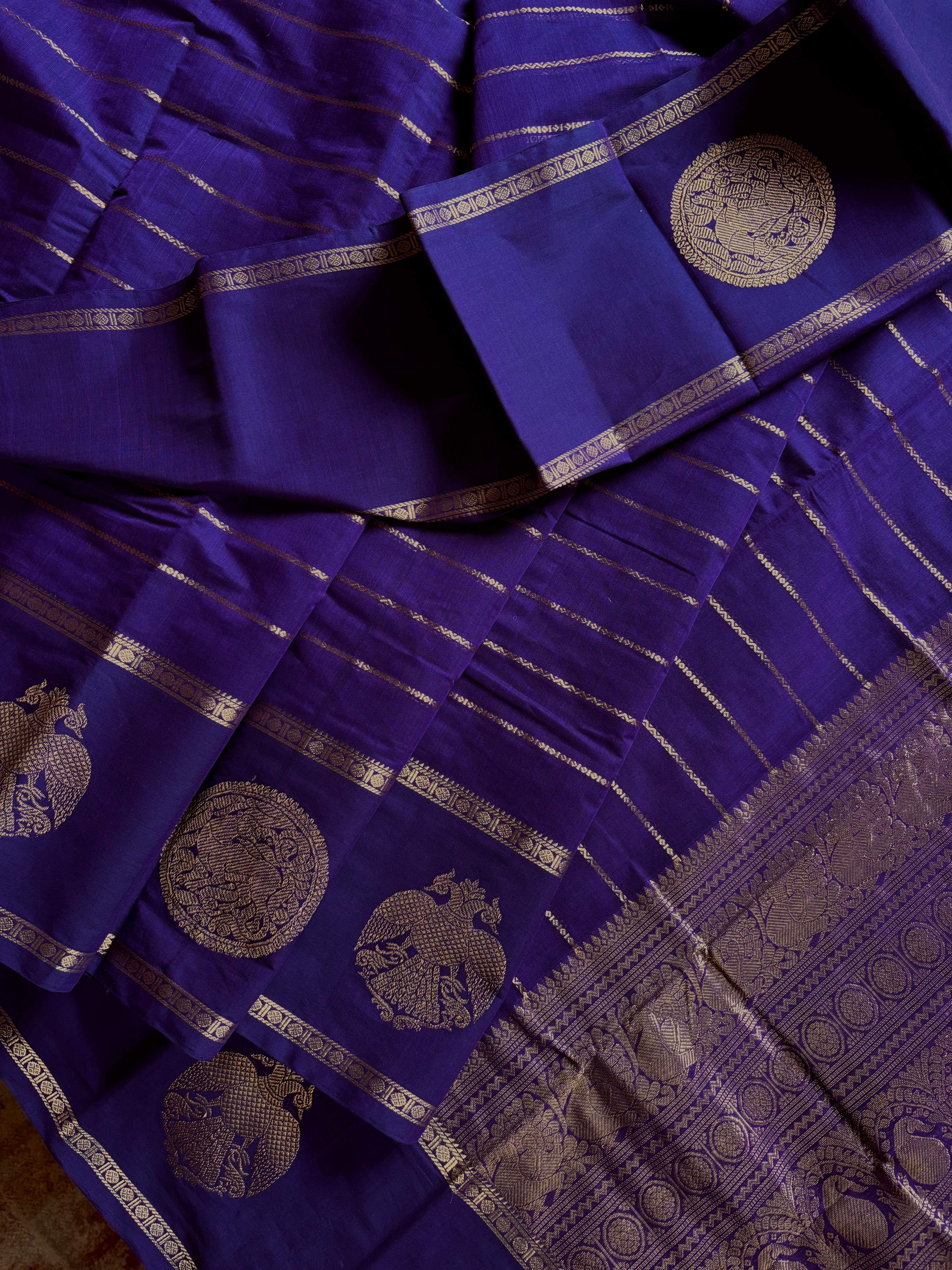 Handwoven Purple Colour Kanchipuram Veldhari Cotton Saree
