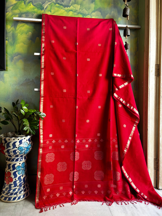 Handwoven Red Beige Cotton Jamdani Saree