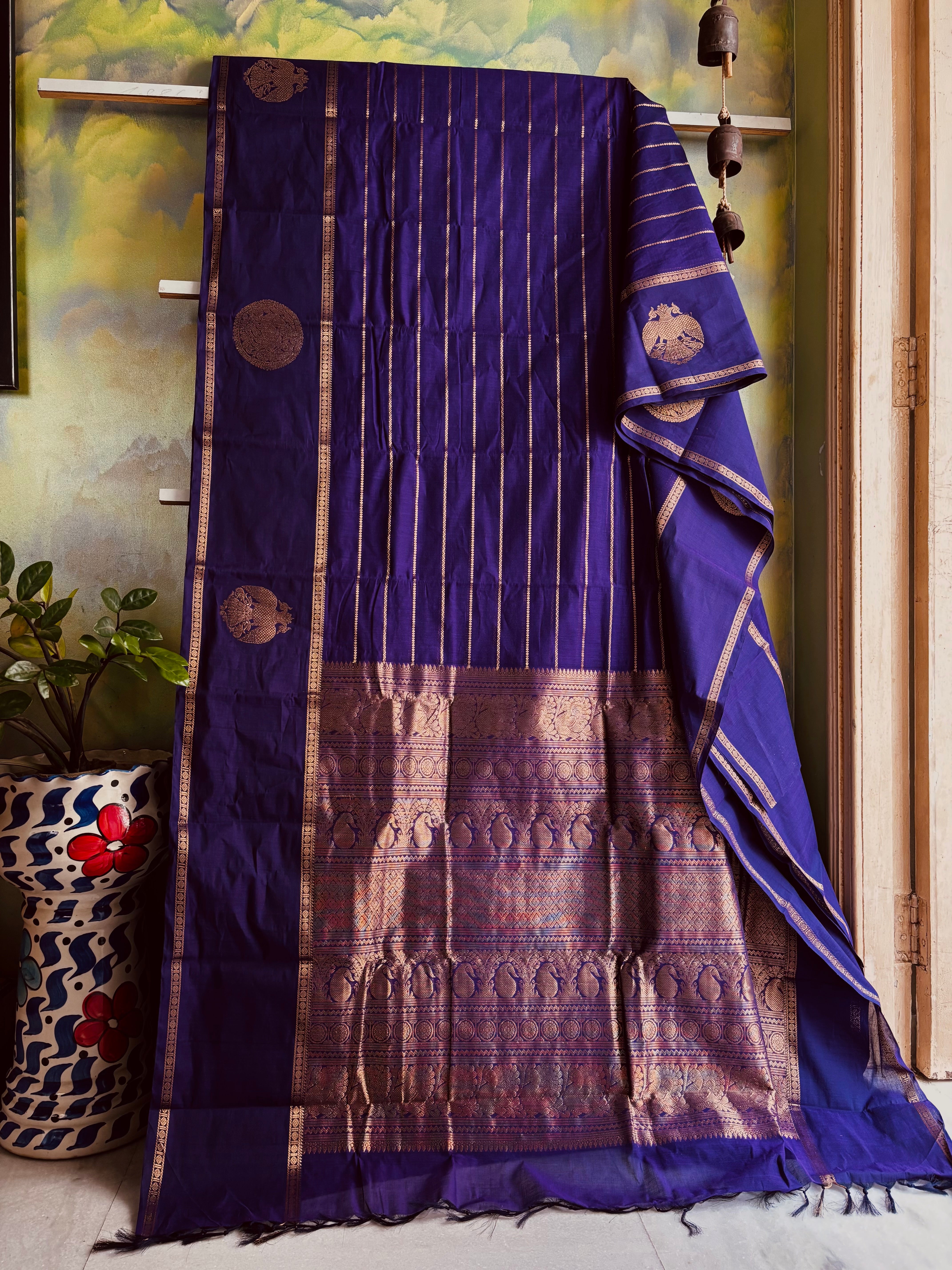 Handwoven Purple Colour Kanchipuram Veldhari Cotton Saree