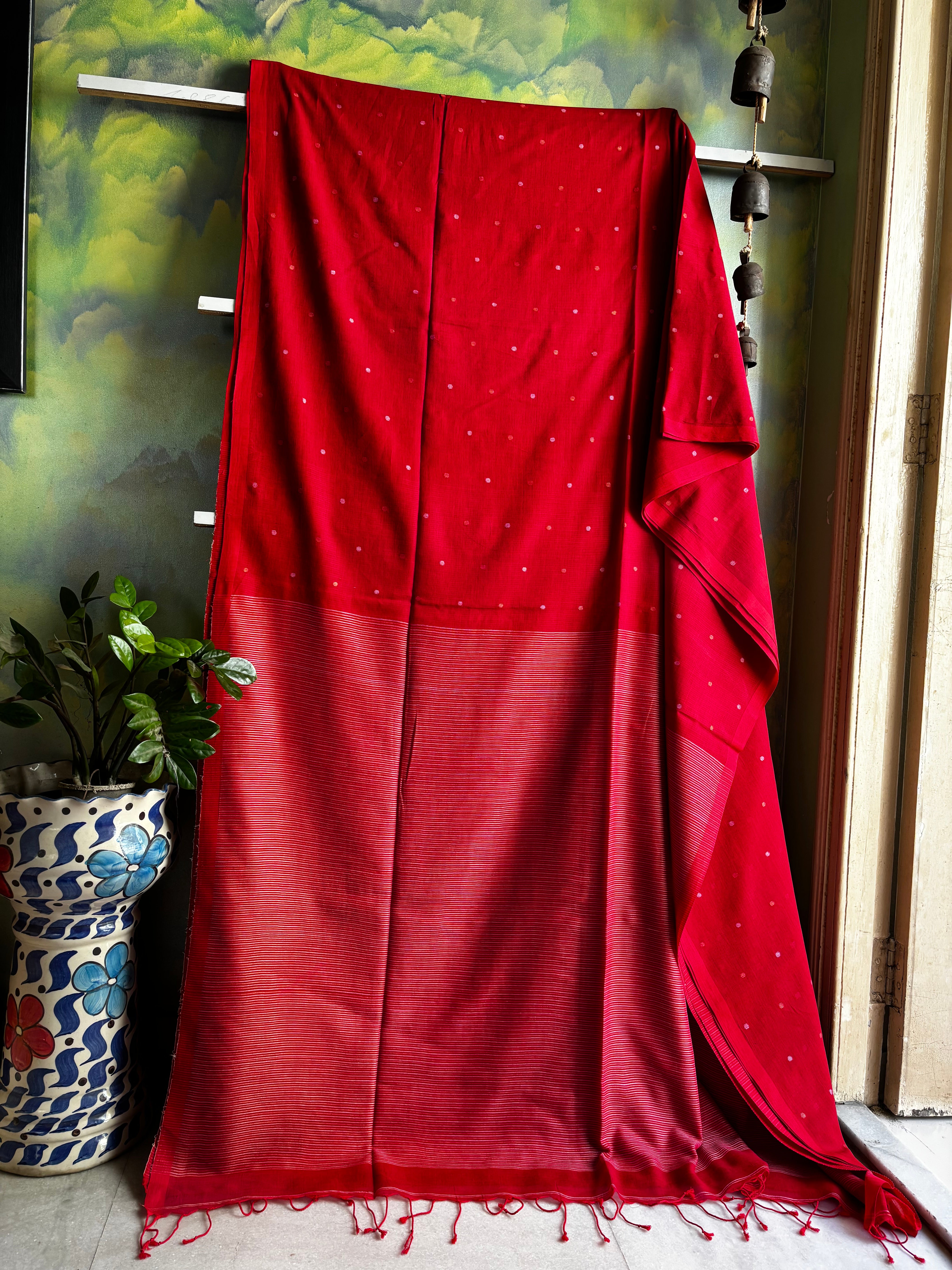 Handwoven Red Colour Cotton Jamdani Saree