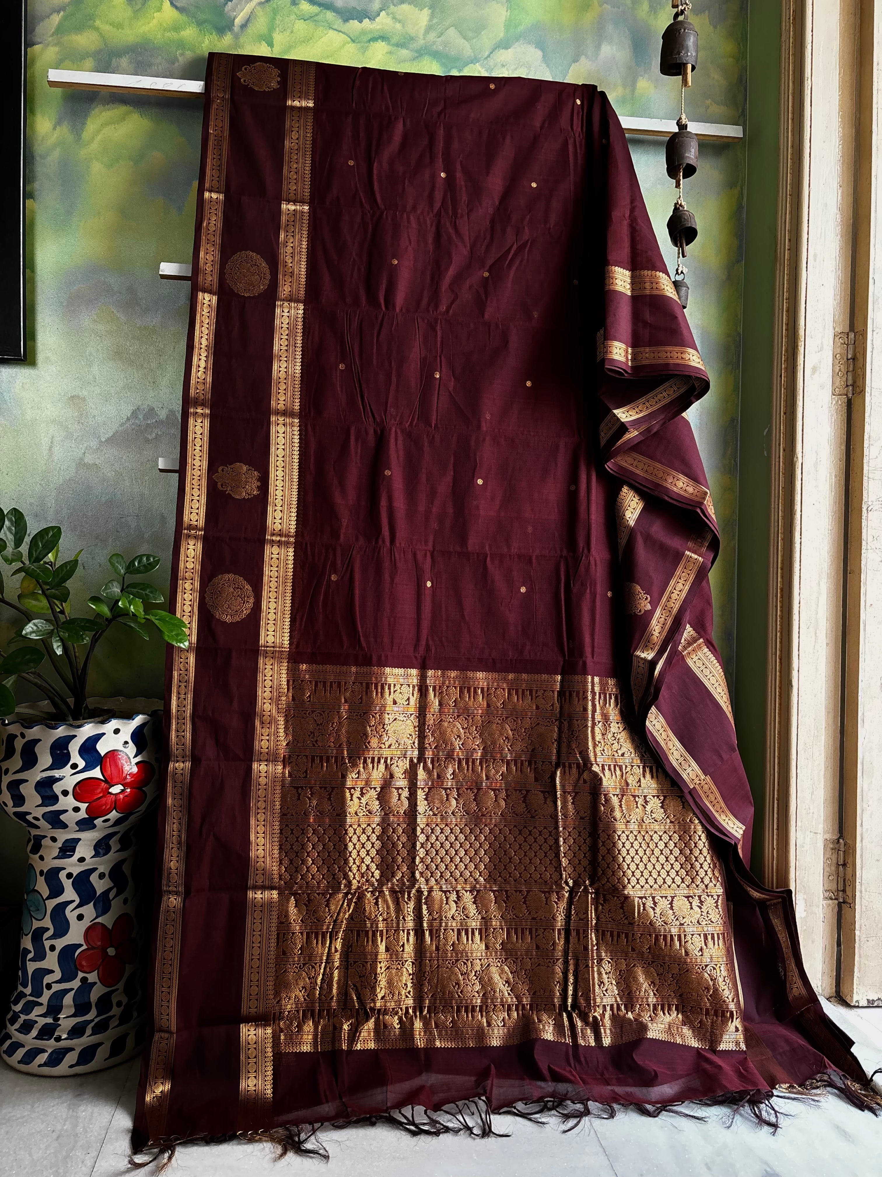 Handwoven Burgundy Colour Kanchipuram Cotton Saree