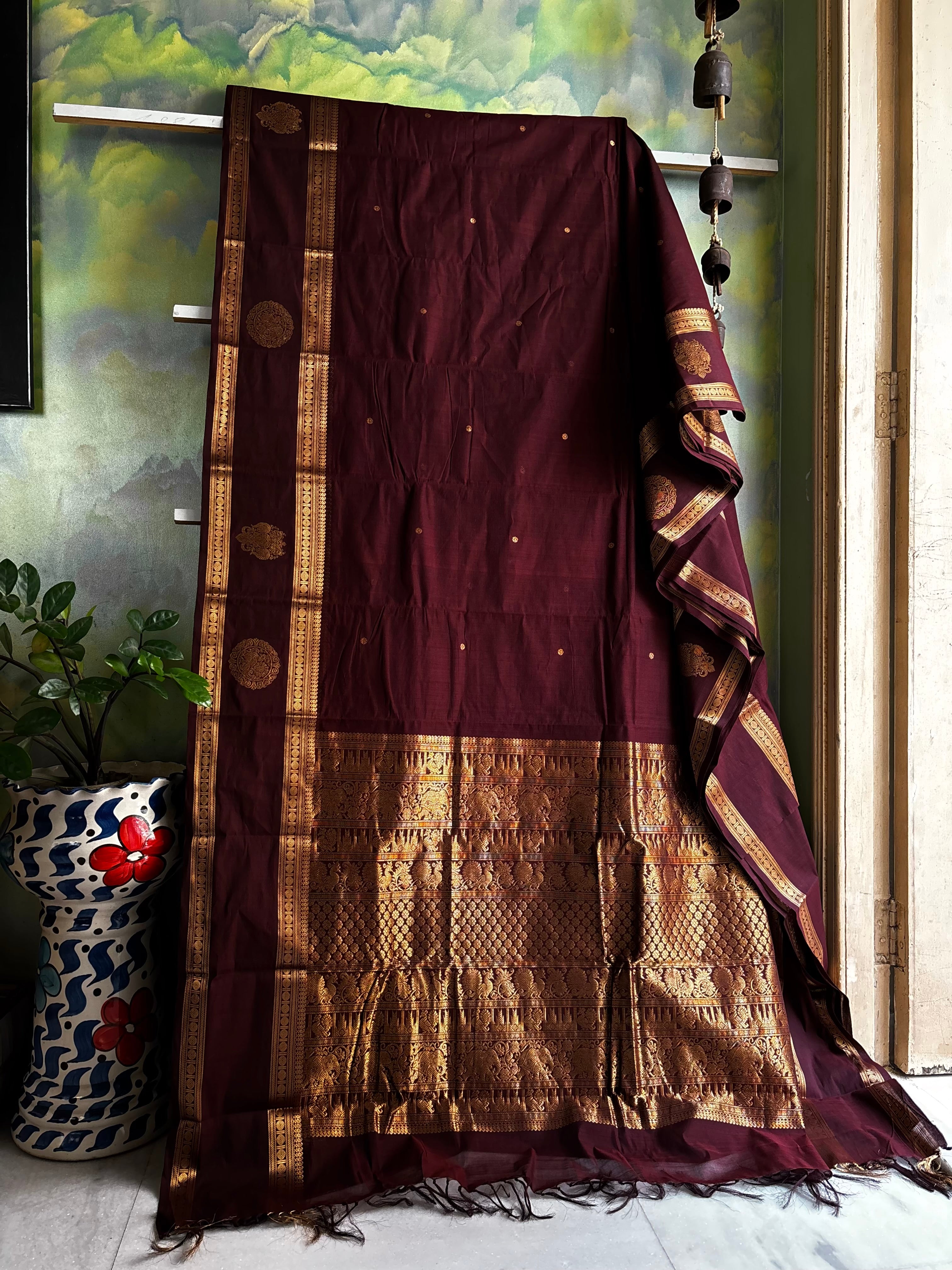 Handwoven Burgundy Colour Kanchipuram Cotton Saree