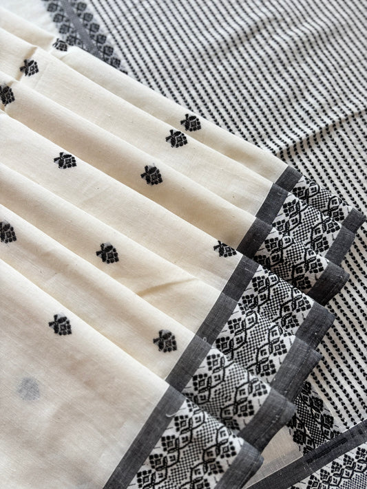 Handwoven White Black Phulia Cotton Saree