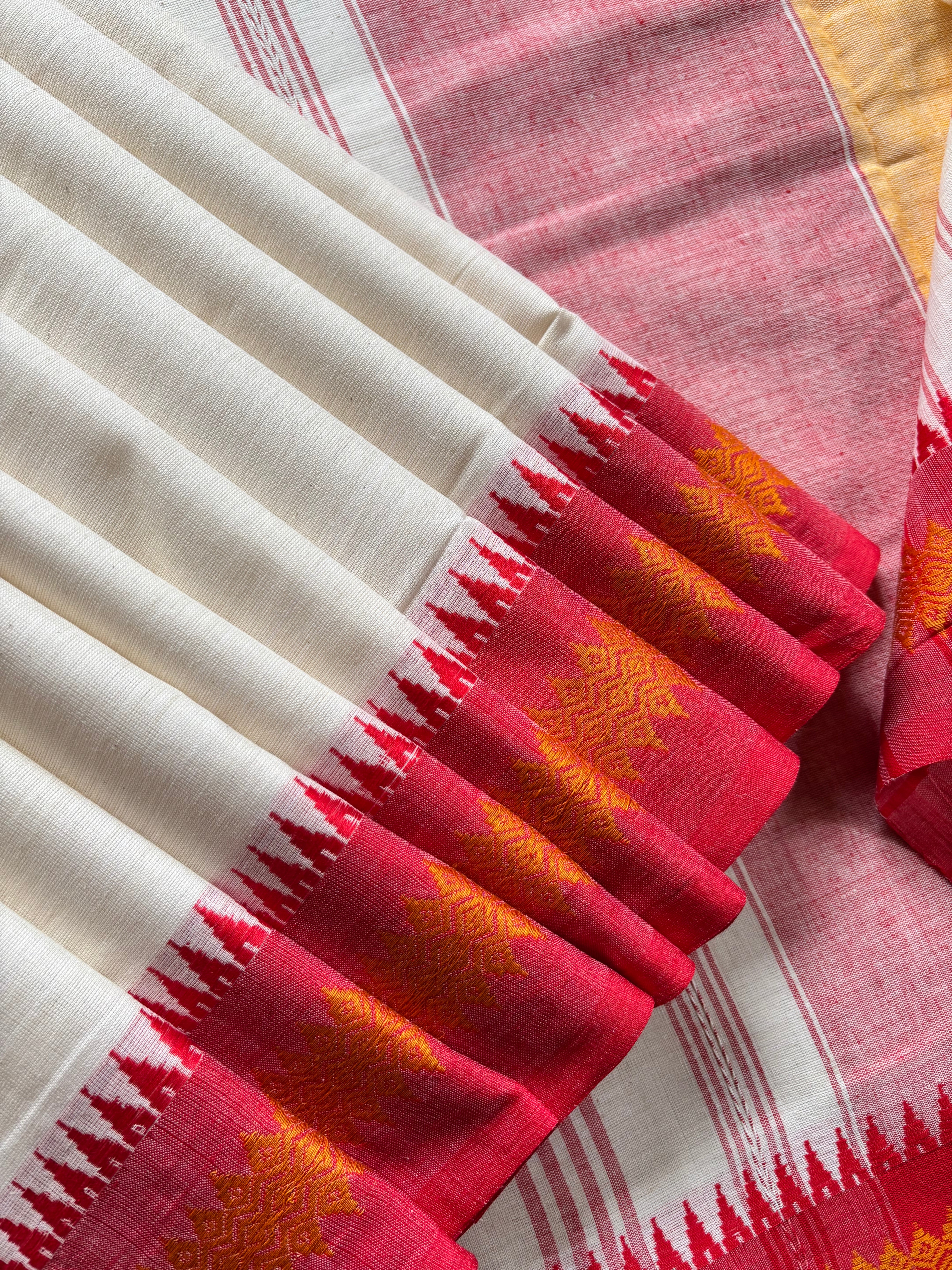 Handwoven White Red Yellow Ganga Yamuna Cotton Saree